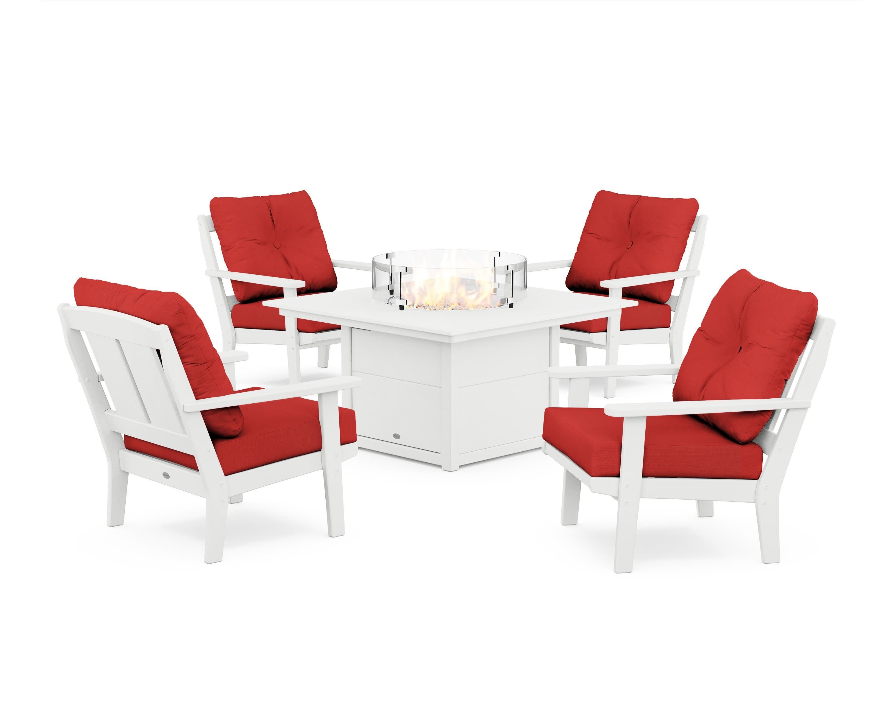 Mission 5-Piece Deep Seating Set with Fire Pit Table in White / Crimson Linen