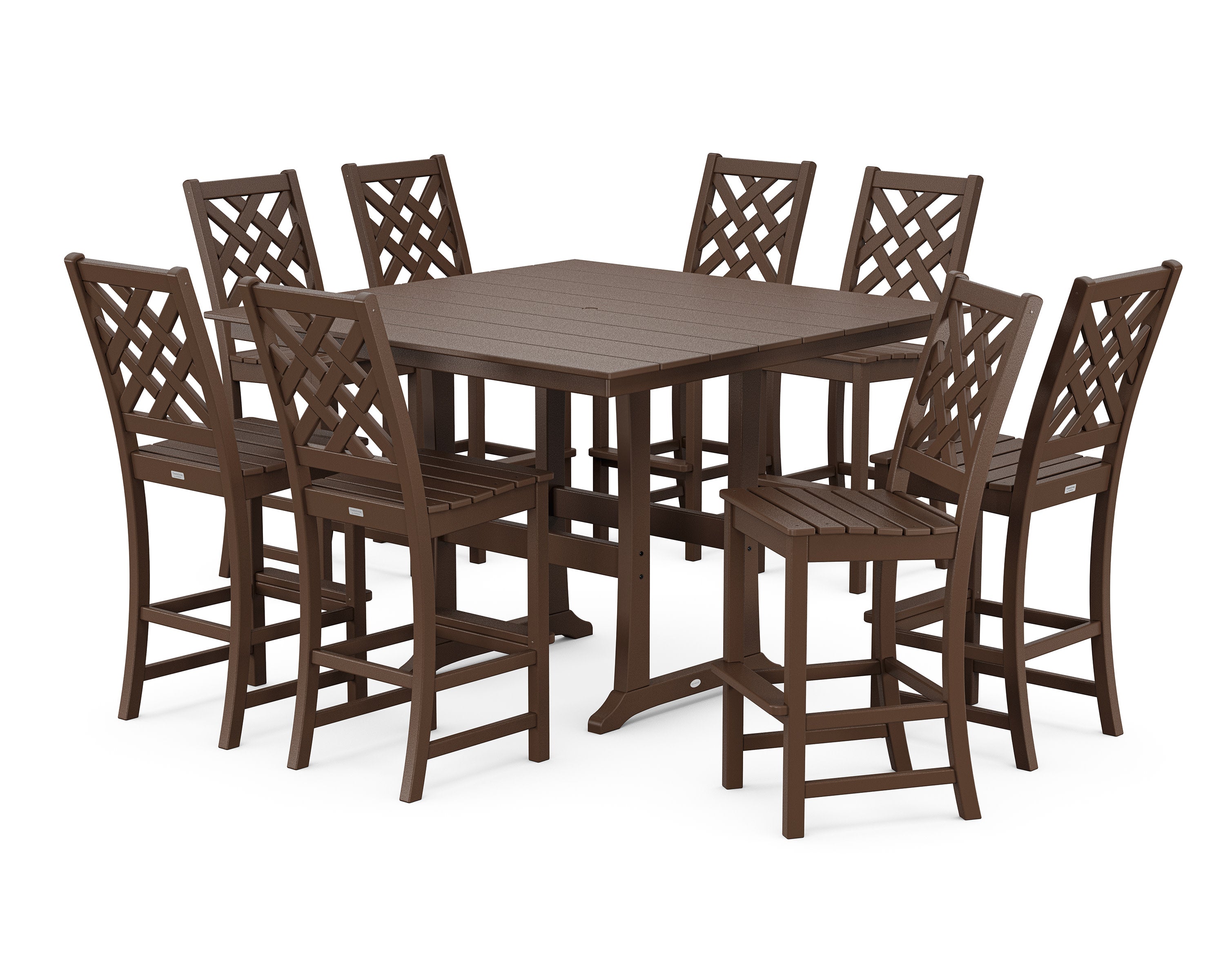 Wovendale Side Chair 9-Piece Square Farmhouse Bar Set with Trestle Legs in Mahogany