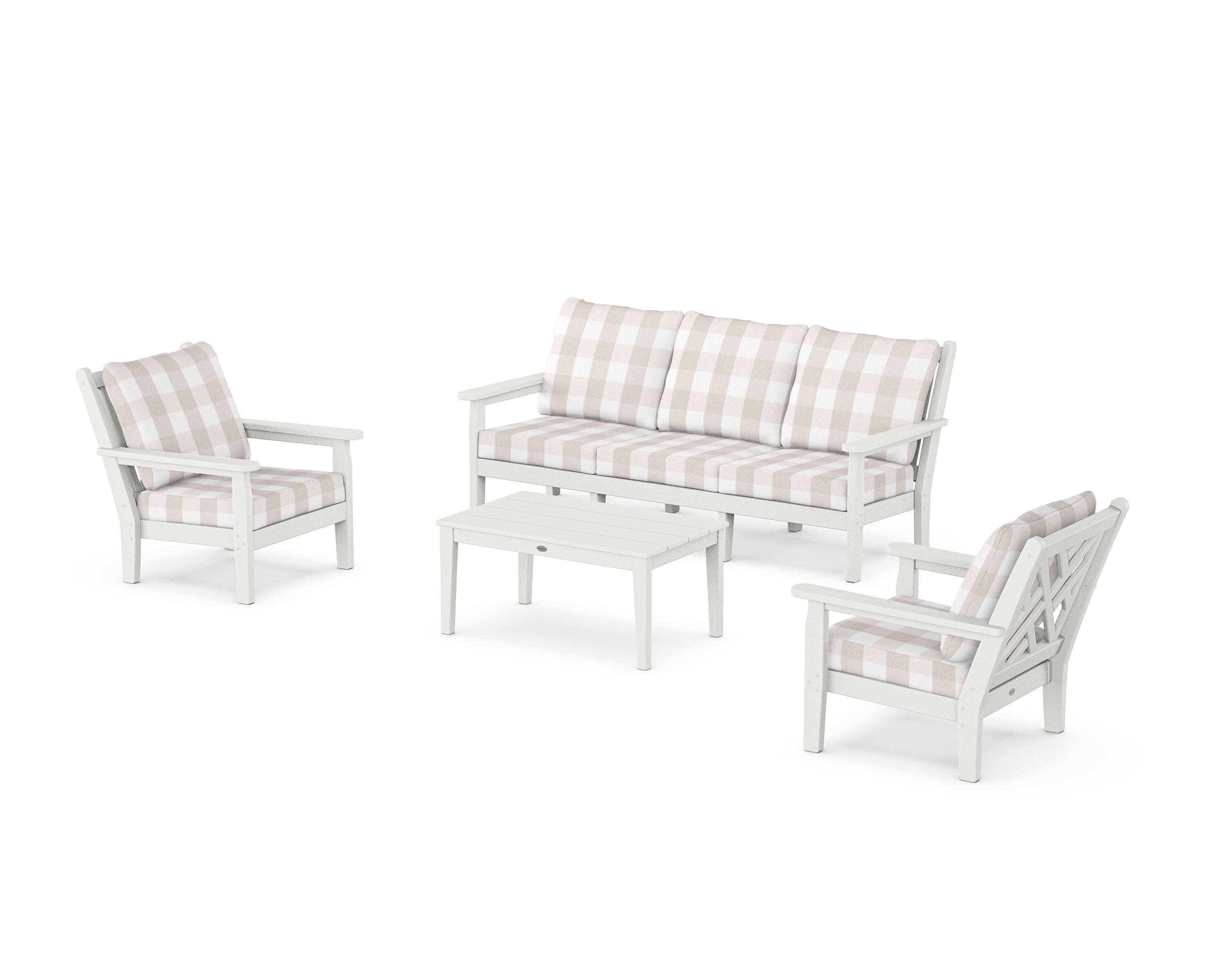 Chippendale 4-Piece Deep Seating Set with Sofa in White / Buffalo Plaid Dune Burlap