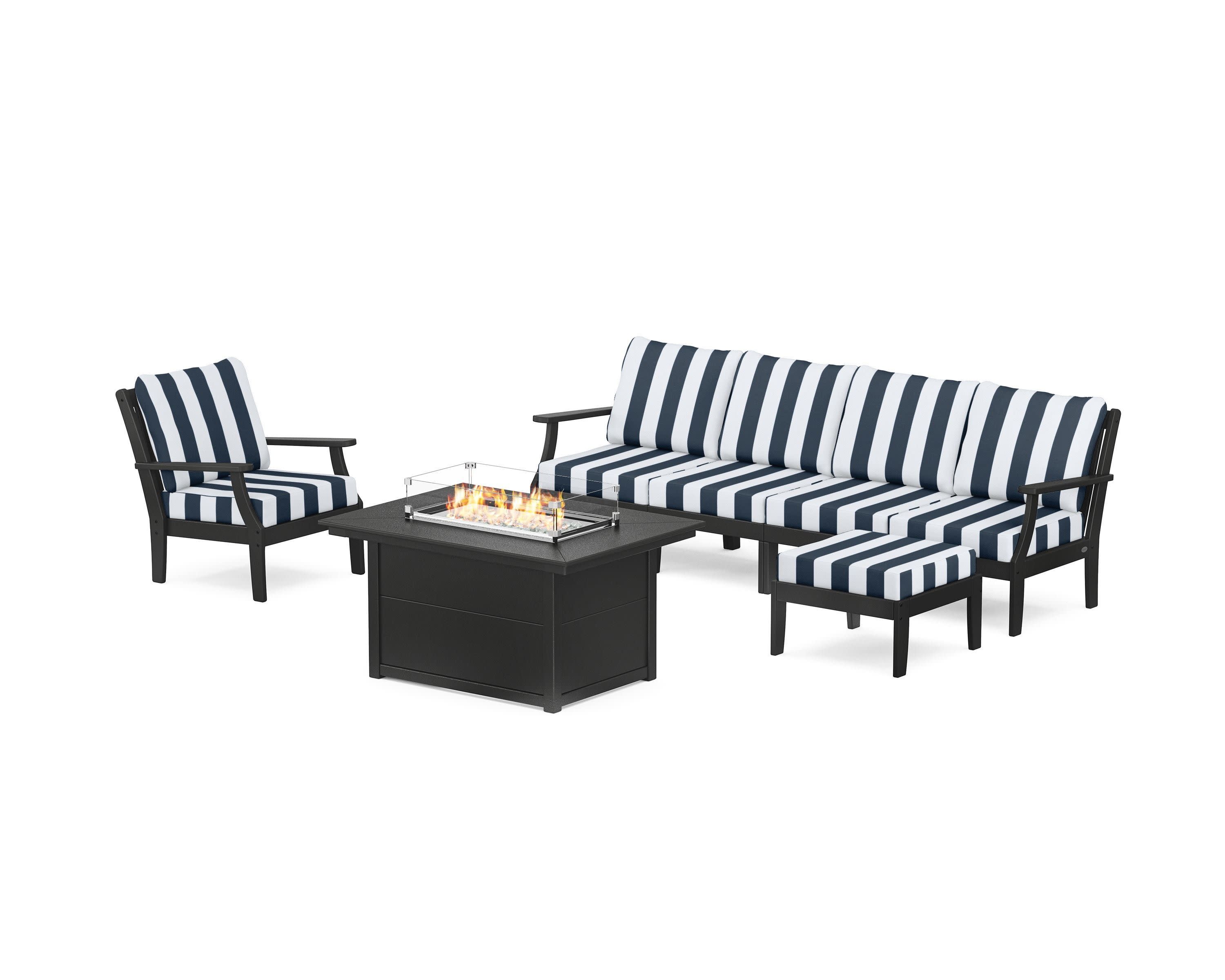 Braxton Sectional Lounge and Fire Pit Set in Black / Cabana Stripe Marine Indigo