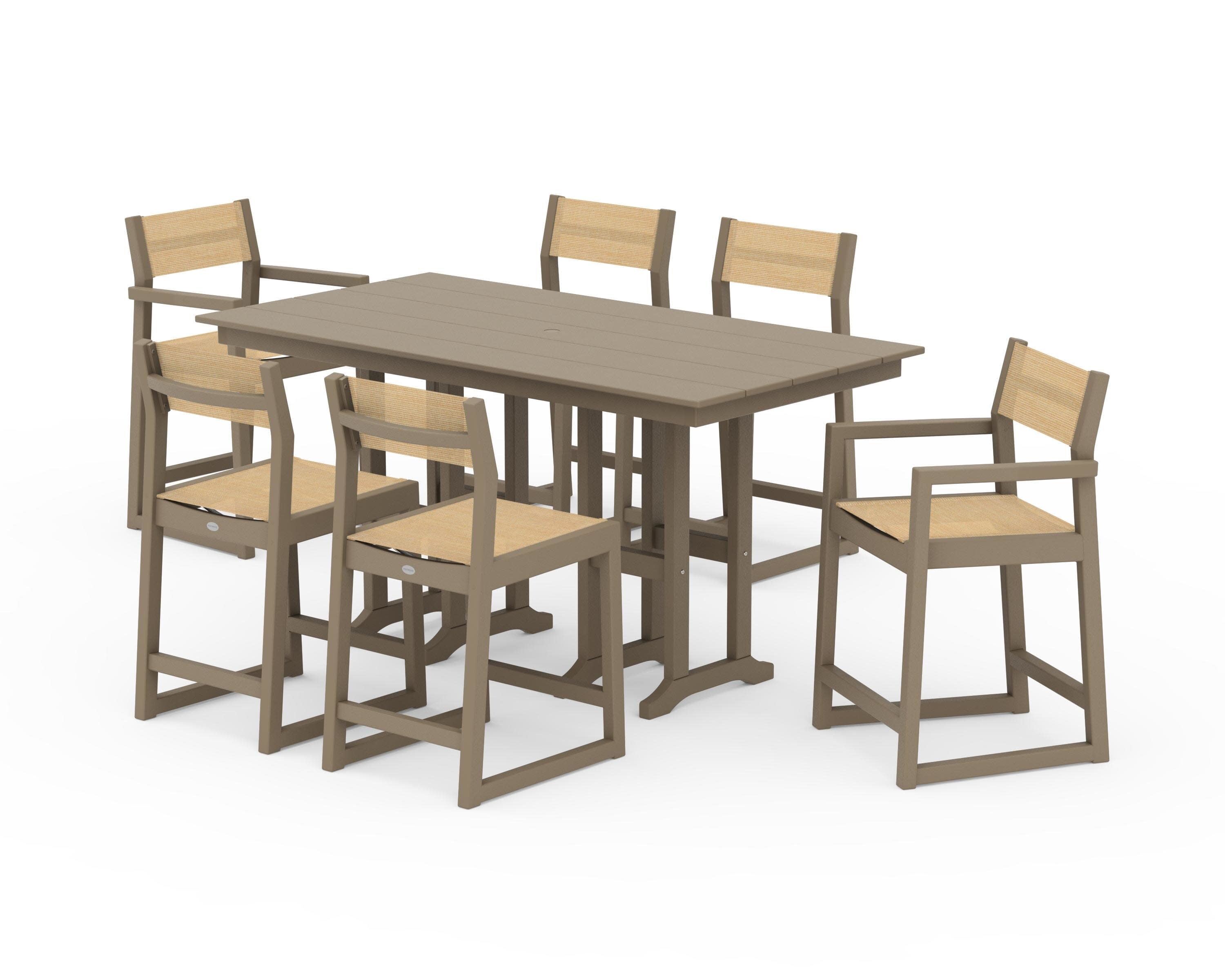 EDGE Sling 7-Piece Farmhouse Counter Set with Trestle Legs in Vintage Sahara / Dupioni Apricot Sling