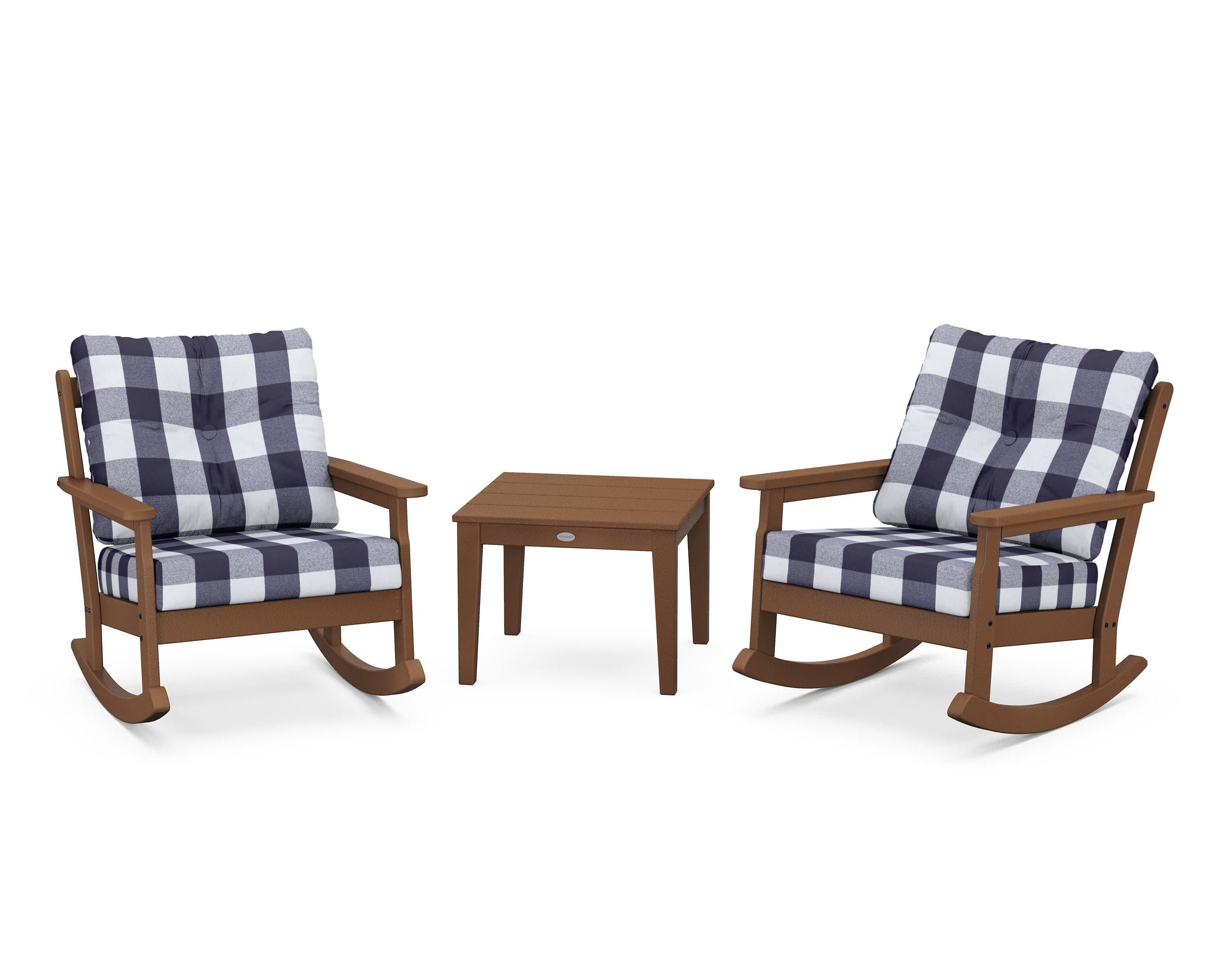 Vineyard 3-Piece Deep Seating Rocker Set in Teak / Buffalo Plaid Navy