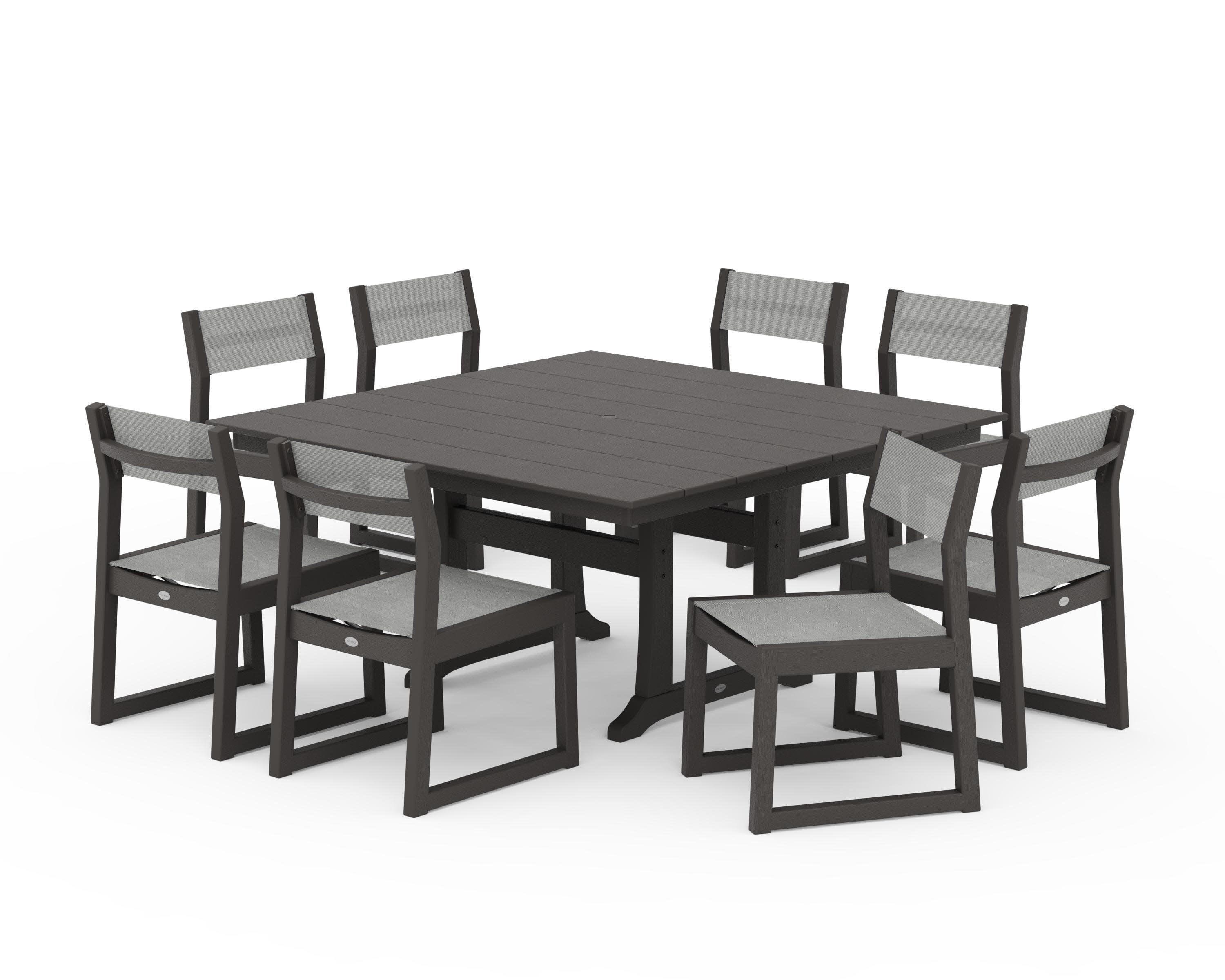 EDGE Sling Side Chair 9-Piece Farmhouse Trestle Dining Set in Vintage Coffee / Metallic Sling