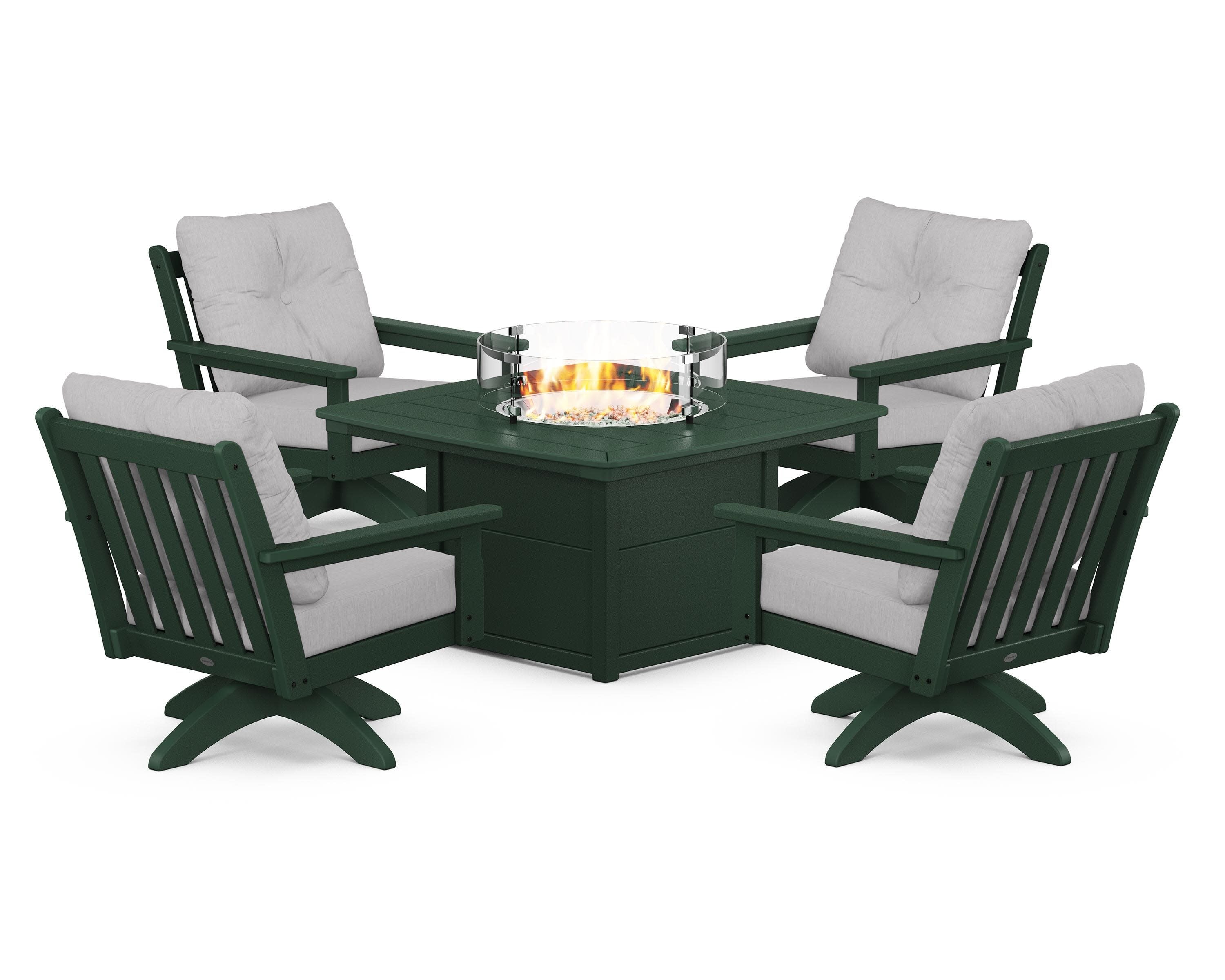Vineyard 5-Piece Deep Seating Swivel Conversation Set with Fire Pit Table in Green / Granite