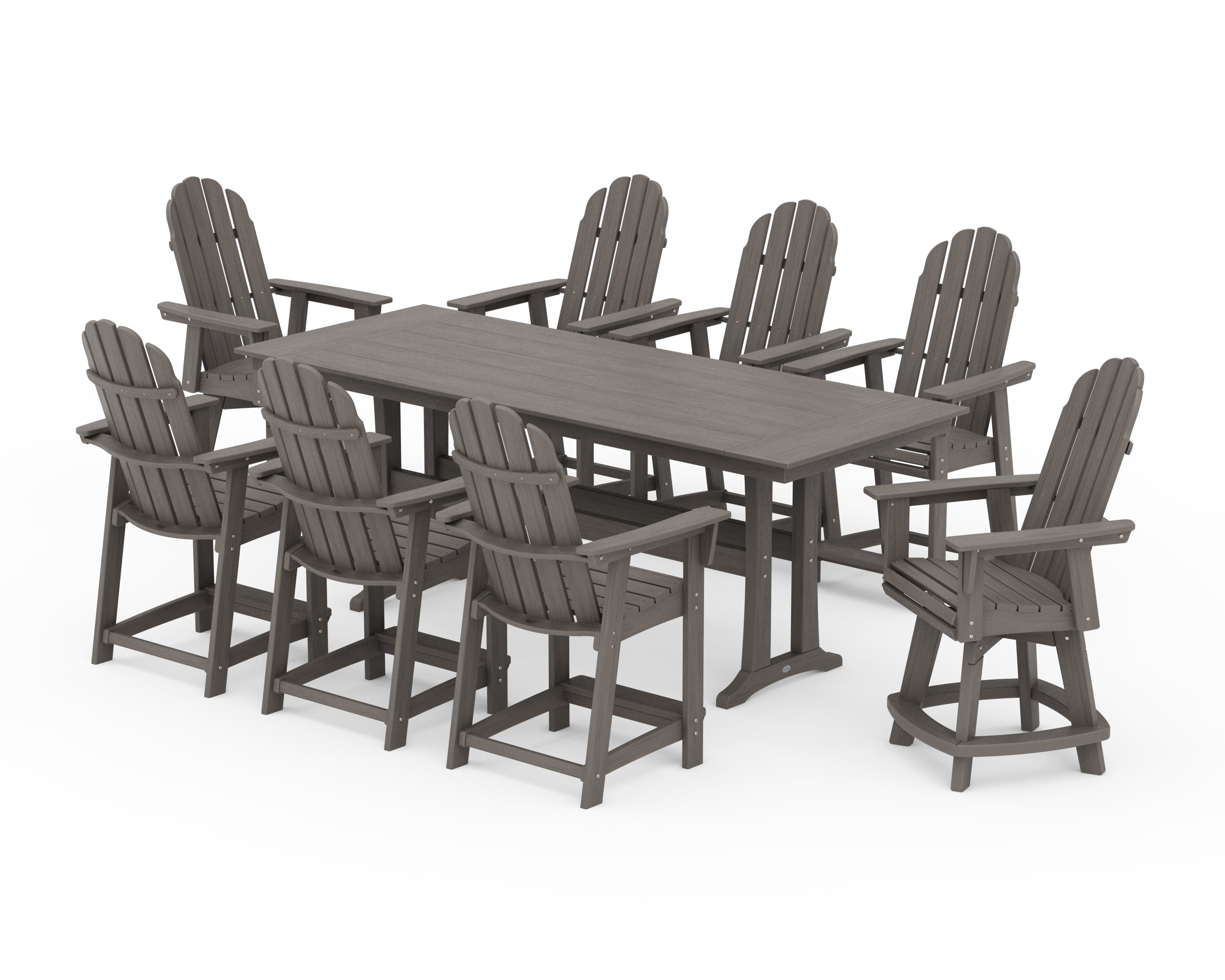 Vineyard Curveback Adirondack Swivel 9-Piece Farmhouse Counter Set with Trestle Legs in Driftwood