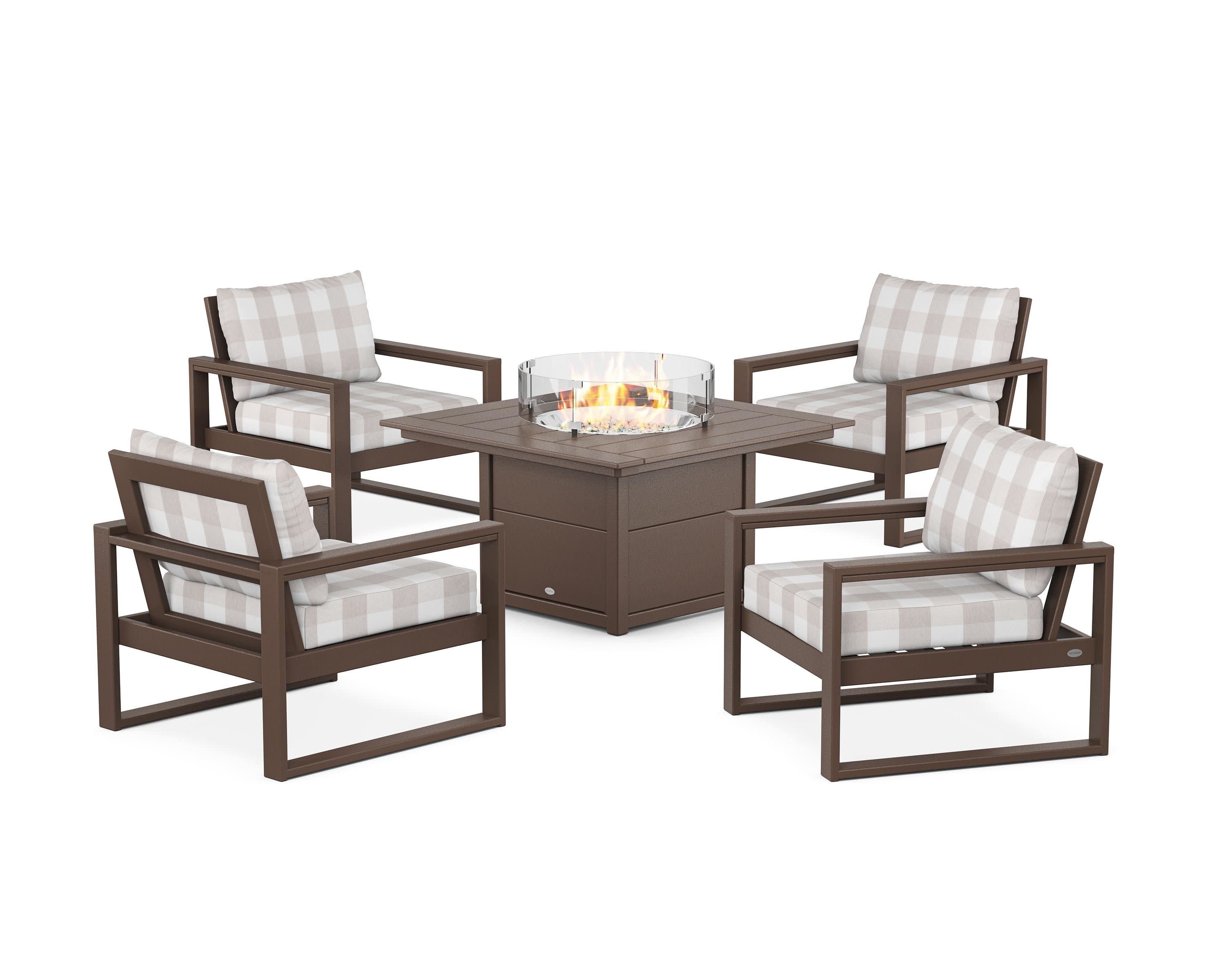 EDGE Sectional 5-Piece Deep Seating Set with Fire Pit Table in Mahogany / Buffalo Plaid Dune Burlap
