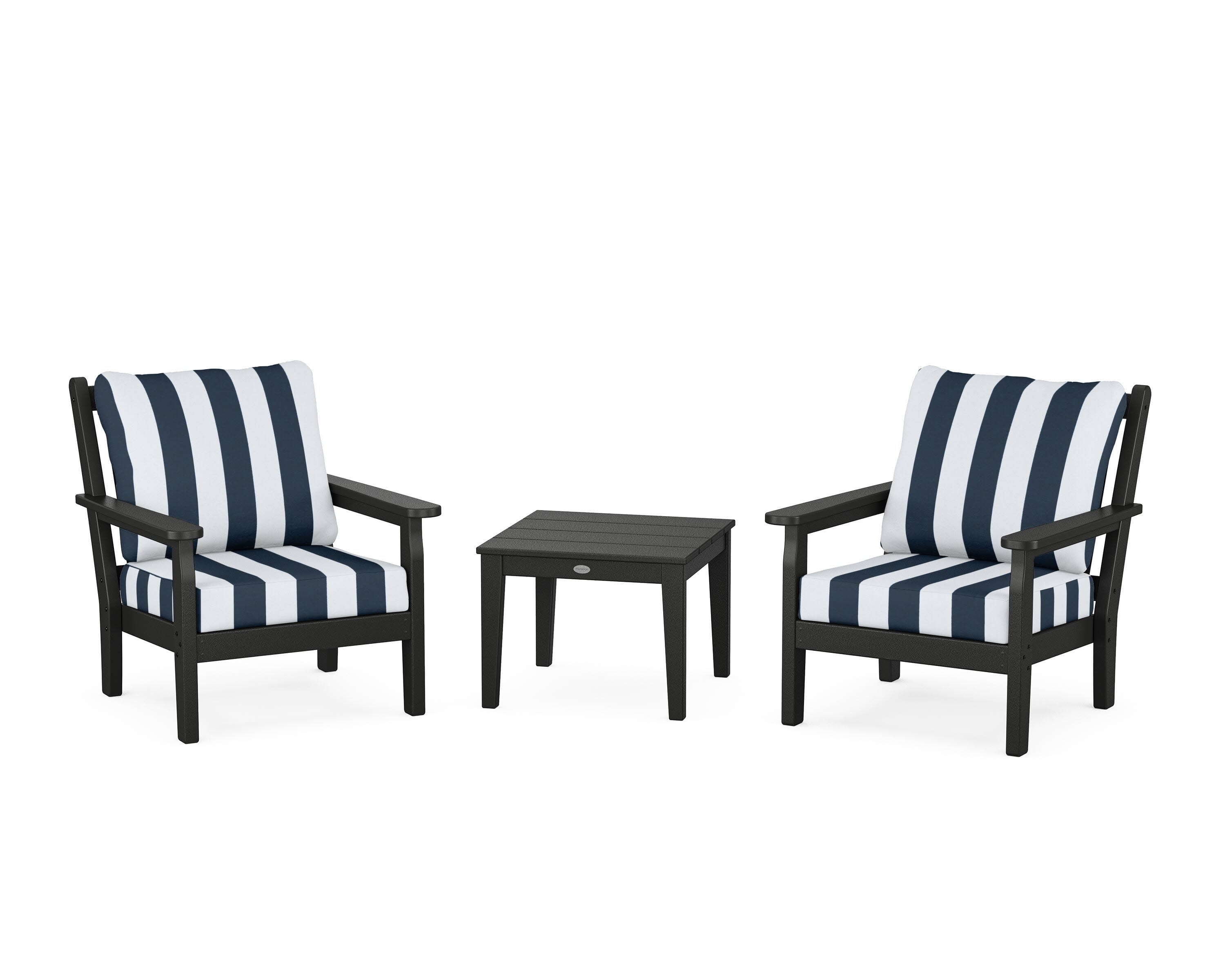 Chippendale 3-Piece Deep Seating Set in Black / Cabana Stripe Marine Indigo
