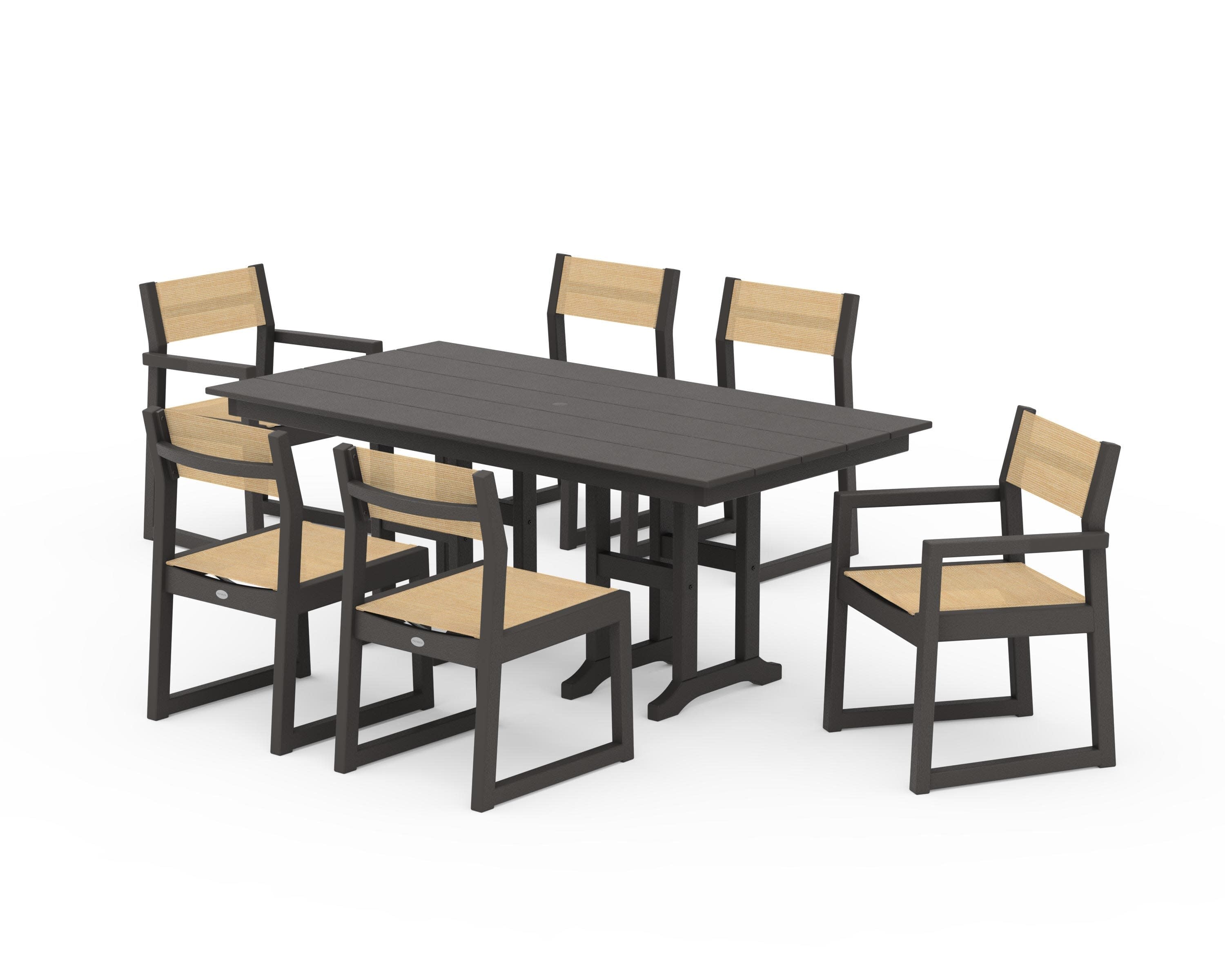 EDGE Sling 7-Piece Farmhouse Dining Set in Vintage Coffee / Dupioni Apricot Sling