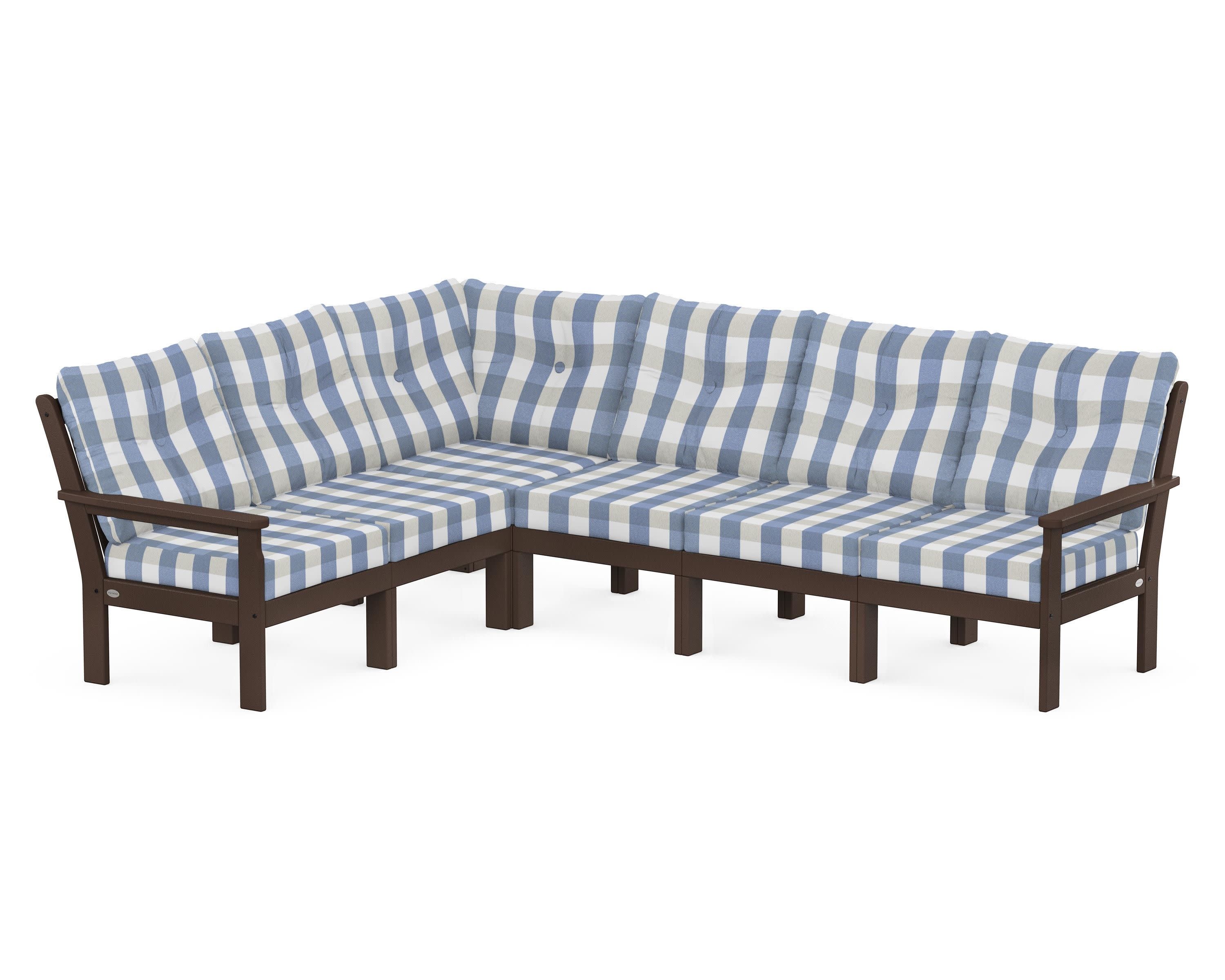 Vineyard 6-Piece Sectional in Mahogany / Buffalo Plaid Sky Blue