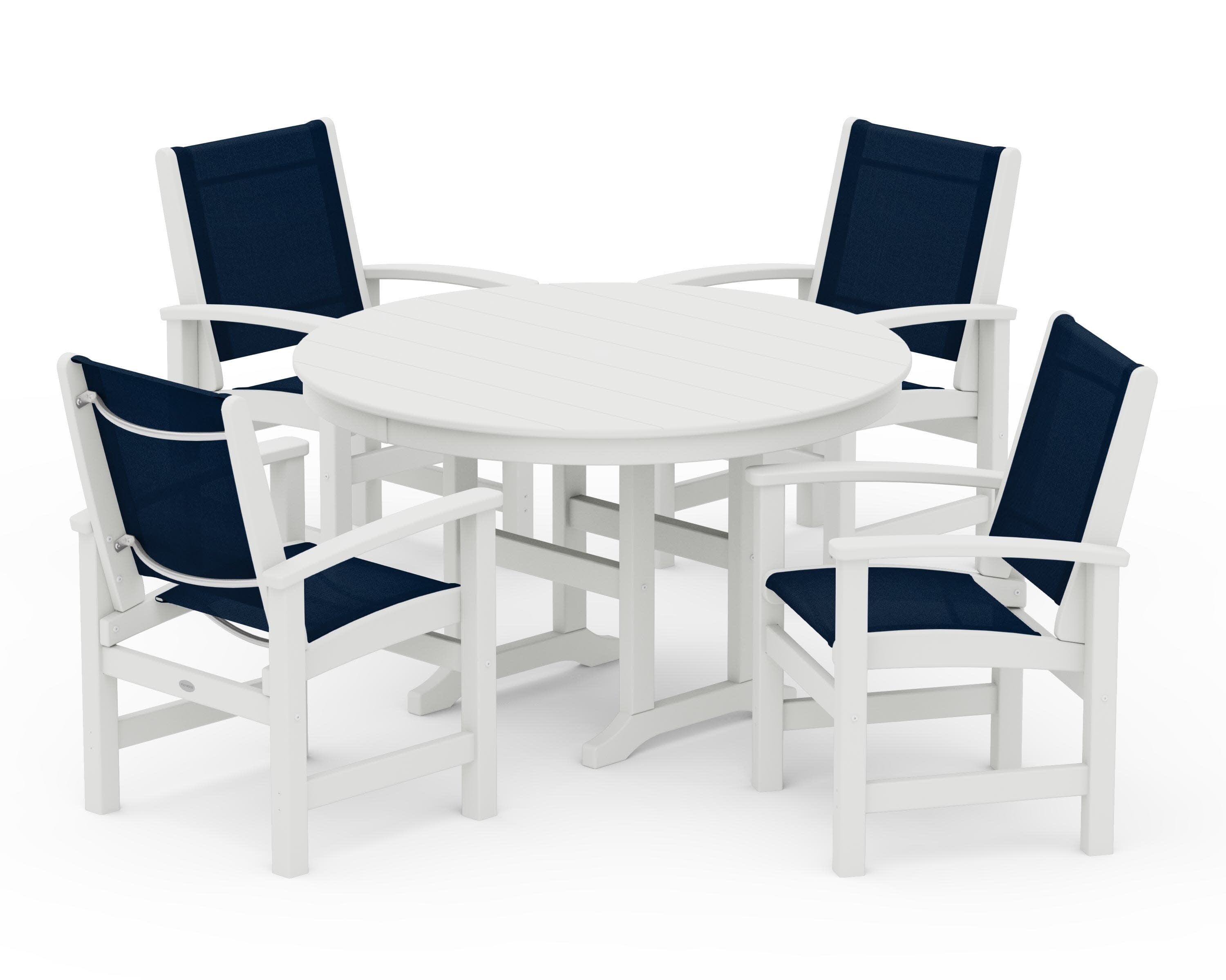 Coastal 5-Piece Round Farmhouse Dining Set in Vintage White / Navy Blue Sling