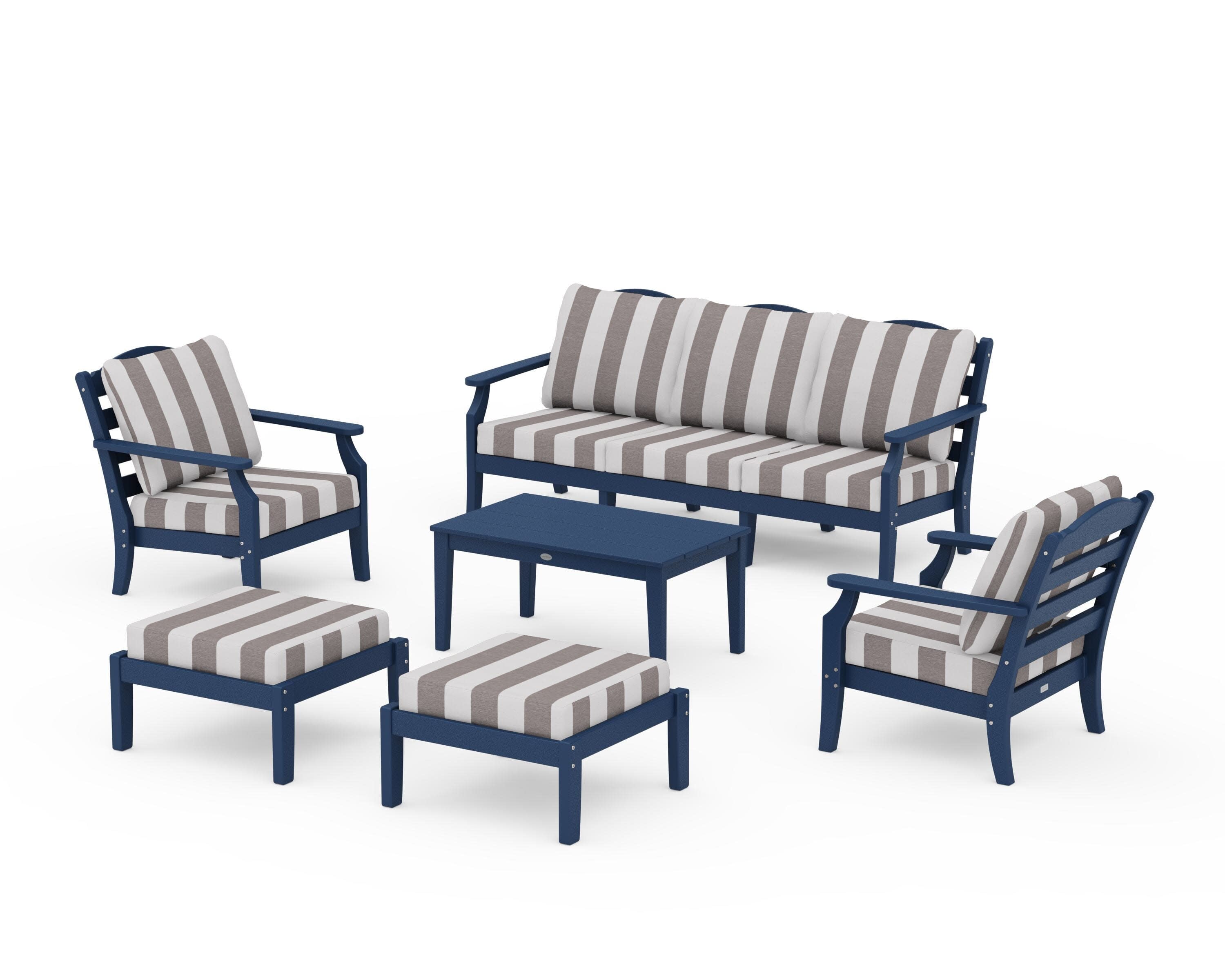 Savannah 6-Piece Lounge Sofa Set in Navy / Cabana Stripe Grey Mist