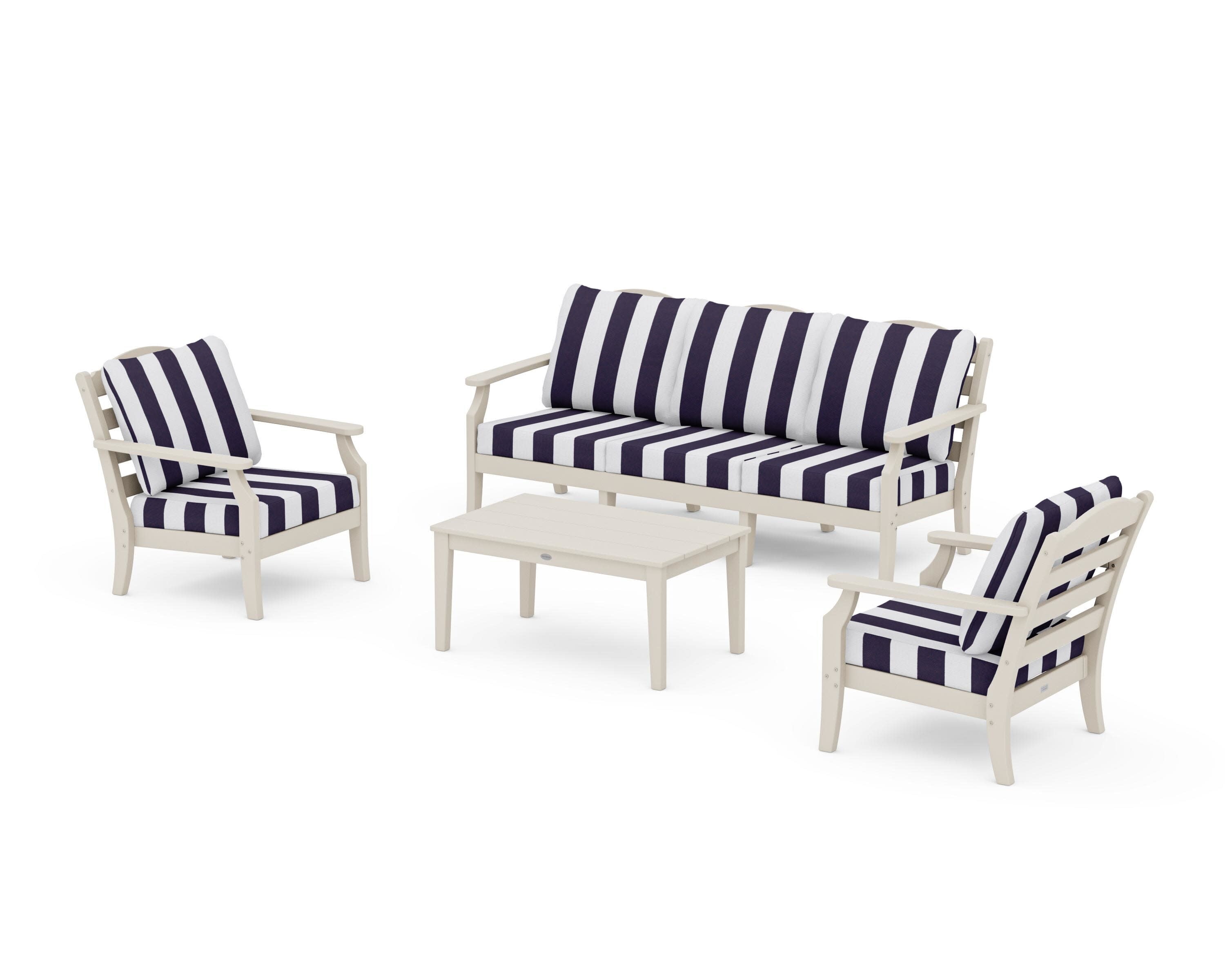 Savannah 4-Piece Deep Seating Set with Sofa in Sand / Cabana Stripe Navy