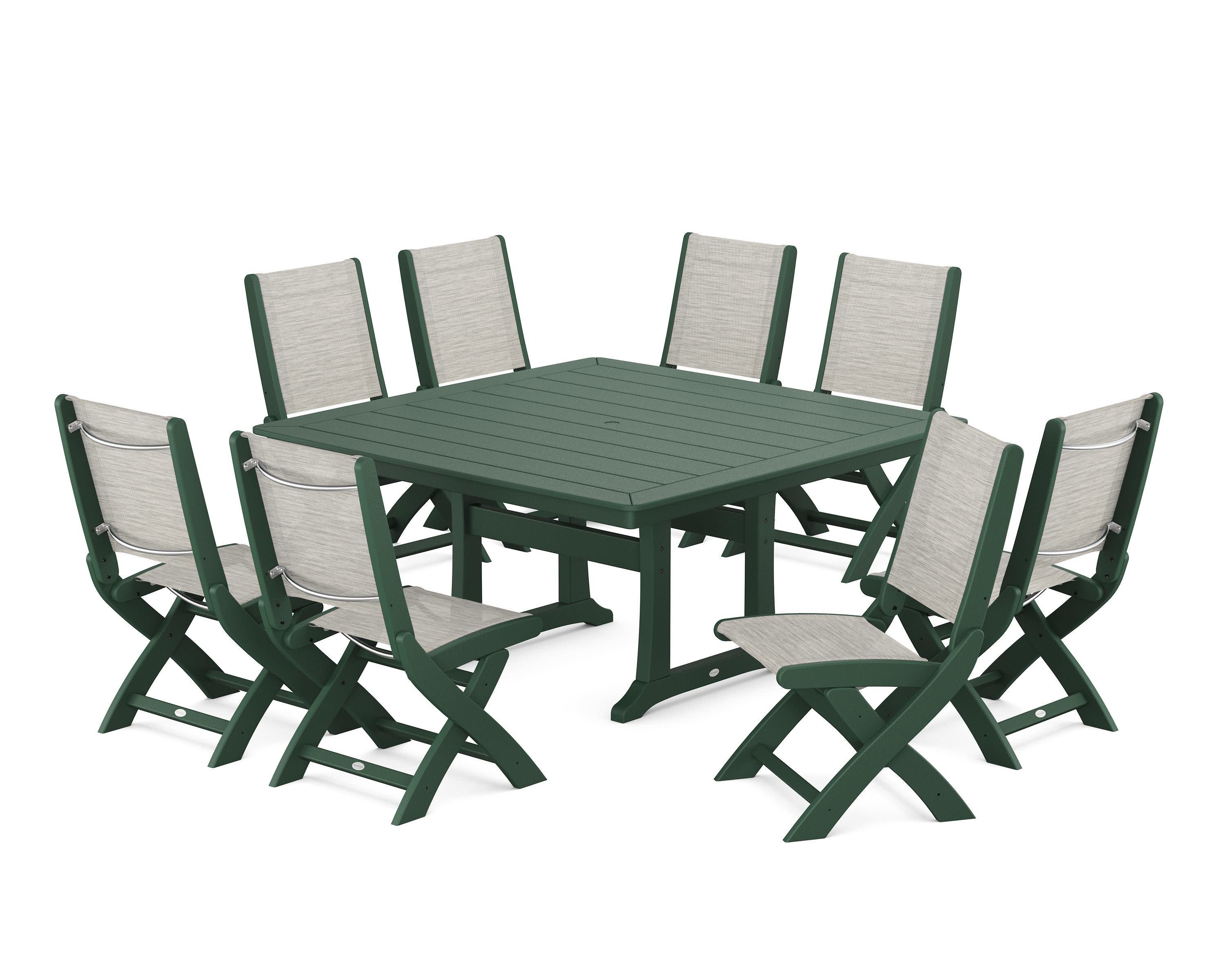 Coastal Folding Side Chair 9-Piece Dining Set with Trestle Legs in Green / Birch Sling