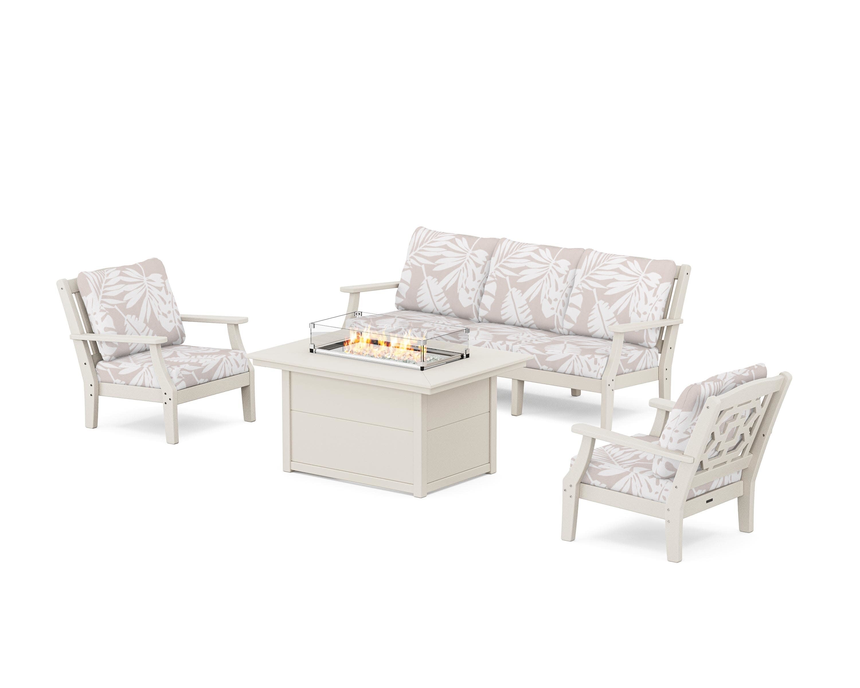 Chinoiserie Deep Seating Fire Pit Table Set in Sand / Leaf Dune Burlap