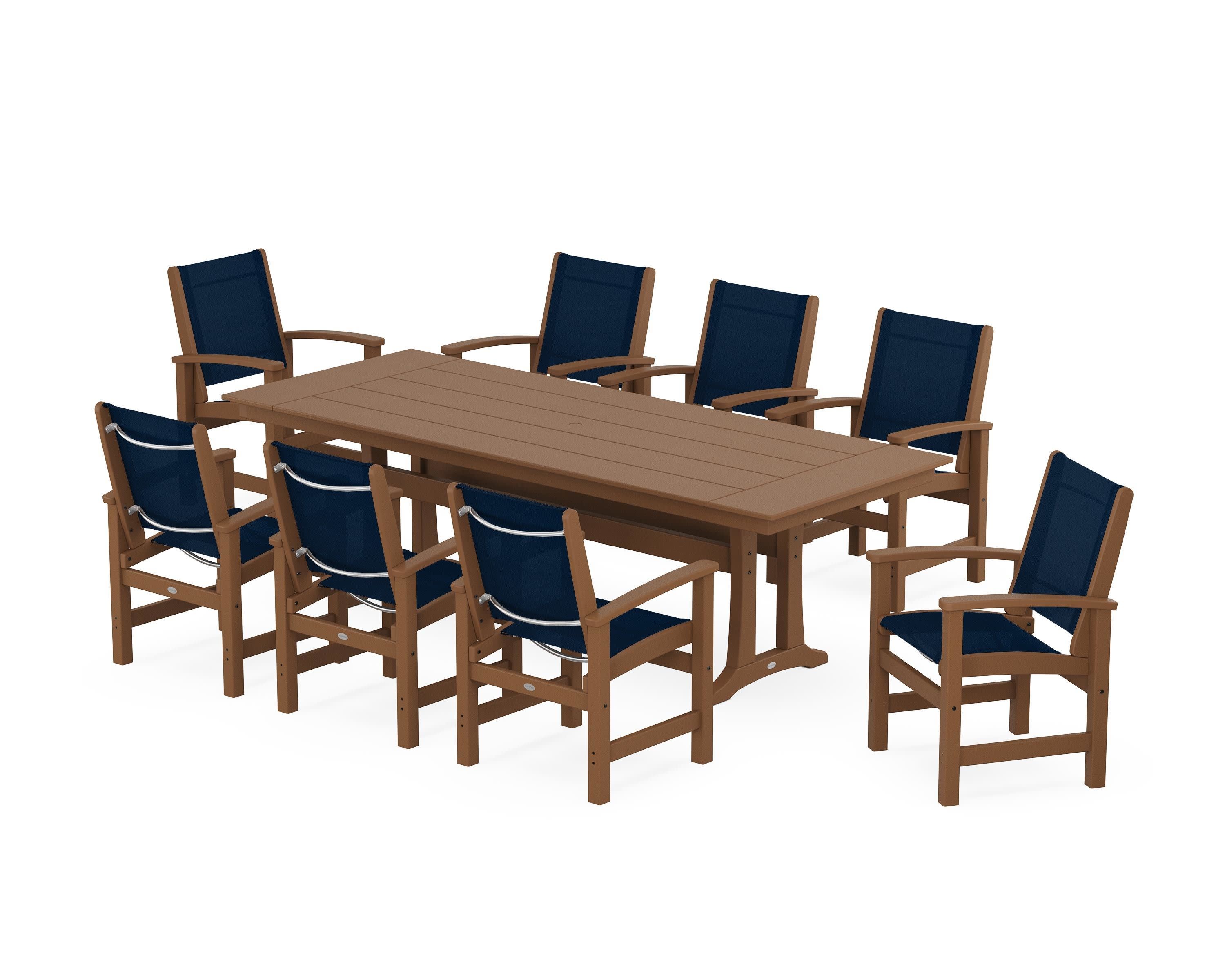 Coastal 9-Piece Farmhouse Dining Set with Trestle Legs in Teak / Navy Blue Sling
