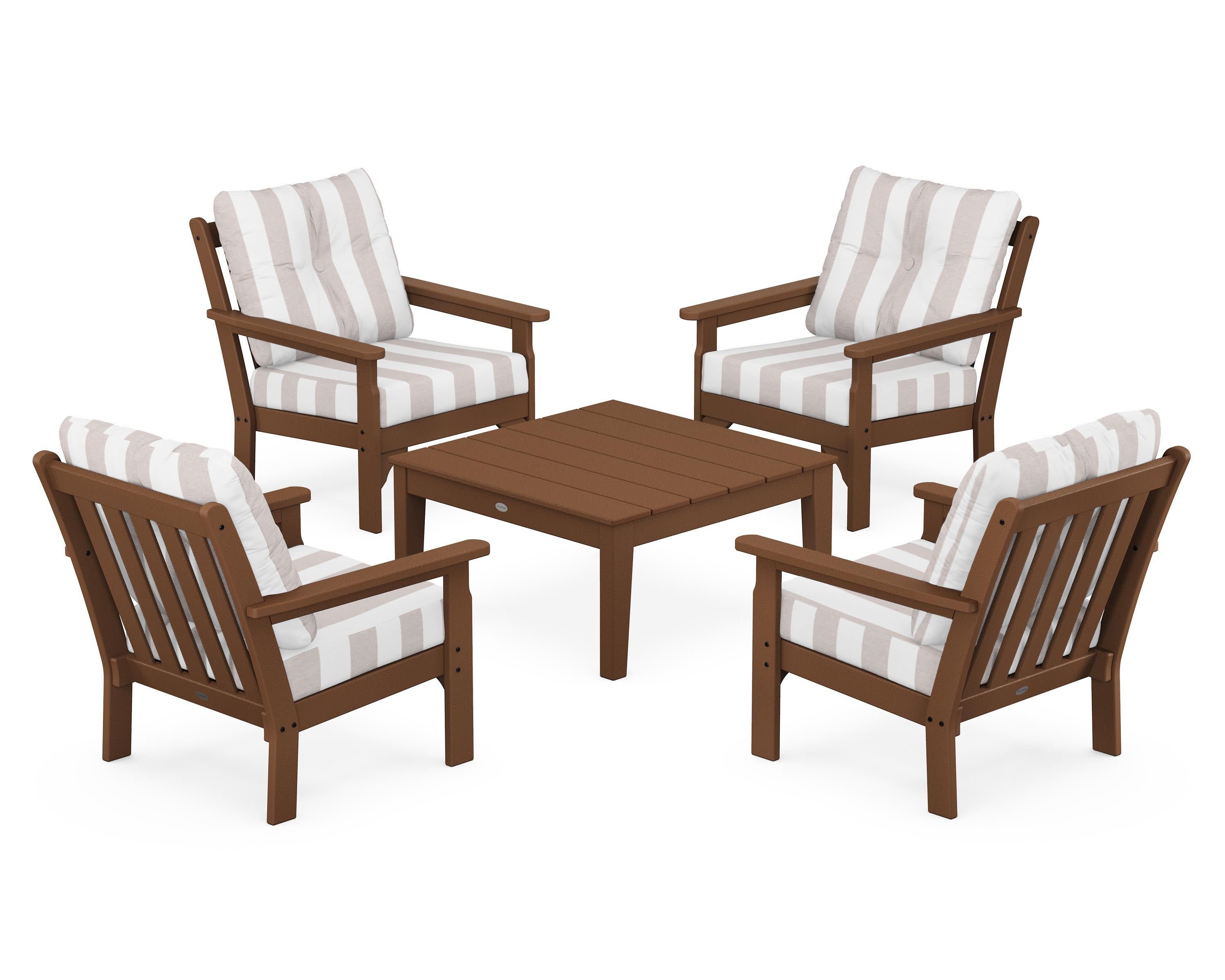 Vineyard 5-Piece Deep Seating Conversation Set in Teak / Cabana Stripe Dune Burlap