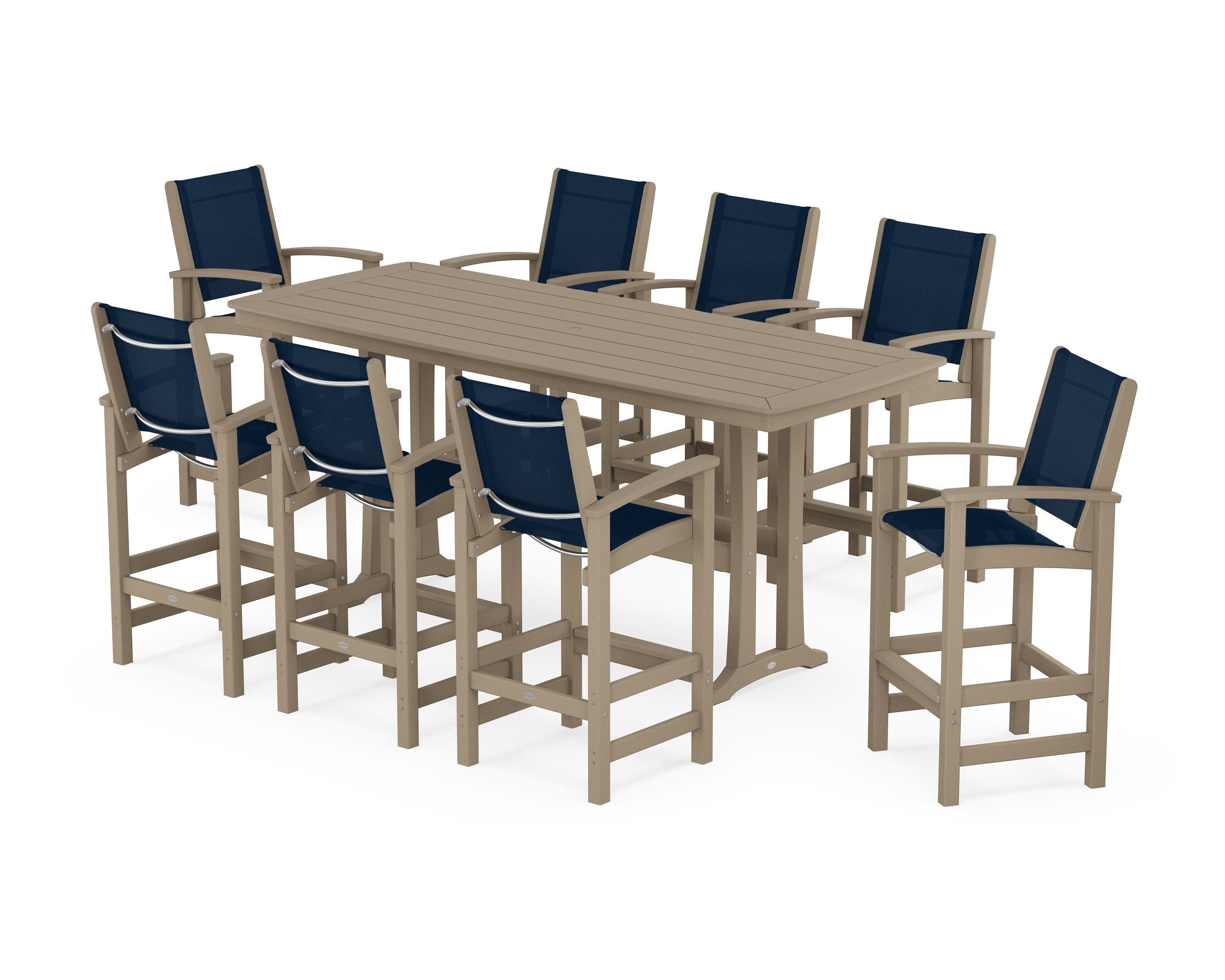 Coastal 9-Piece Bar Set with Trestle Legs in Vintage Sahara / Navy Blue Sling