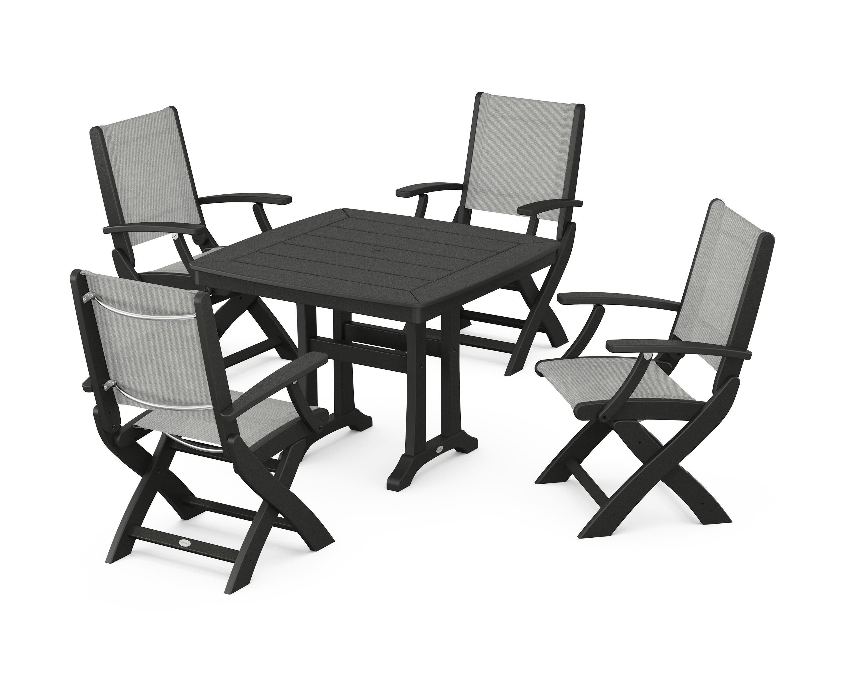 Coastal Folding Chair 5-Piece Dining Set with Trestle Legs in Black / Metallic Sling