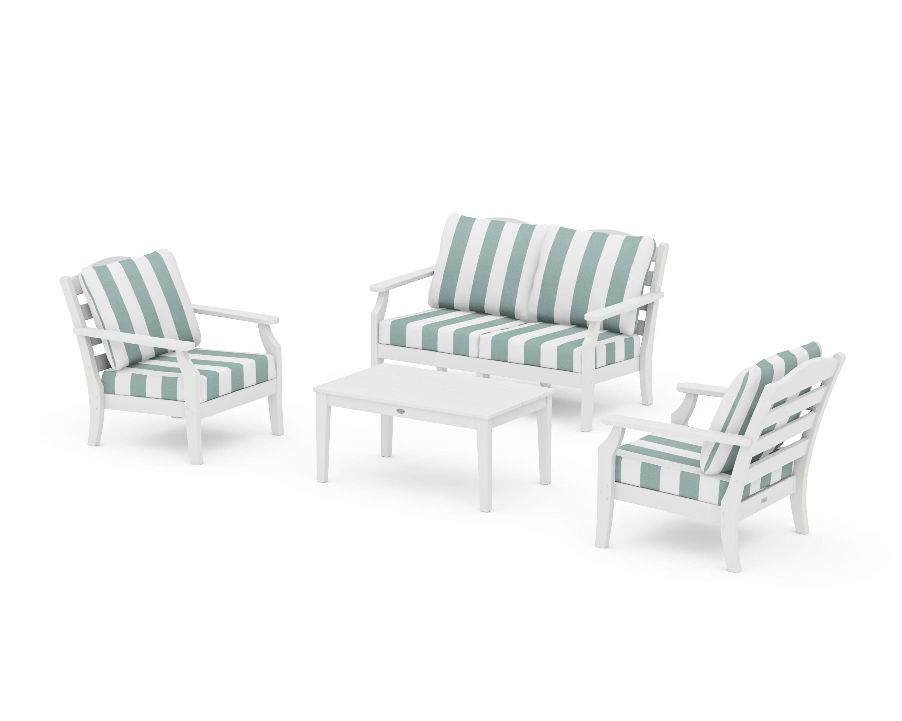 Savannah 4-Piece Deep Seating Set with Loveseat in White / Cabana Stripe Glacier Spa