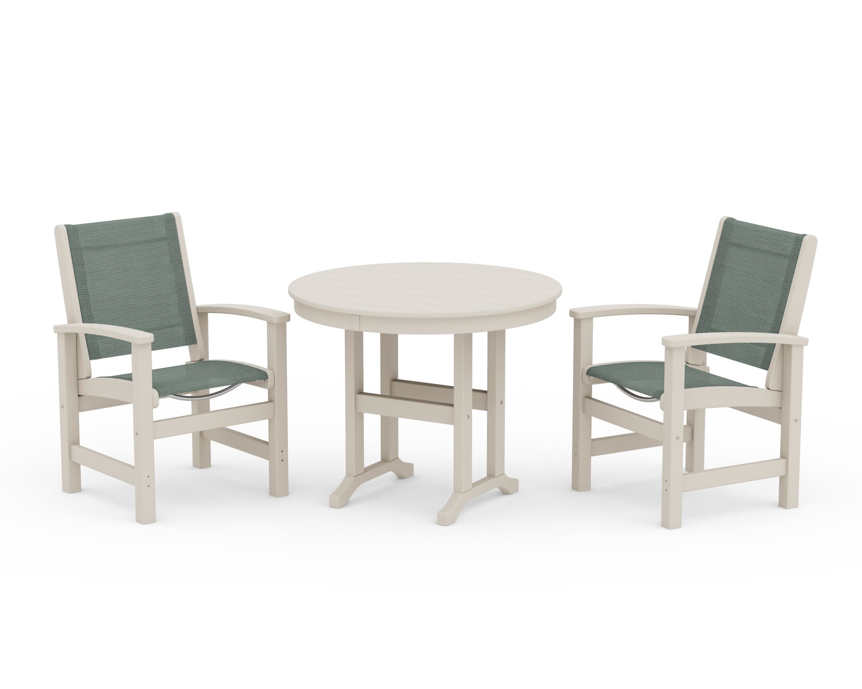 Coastal 3-Piece Round Dining Set in Sand / Dupioni Sea Mist Sling