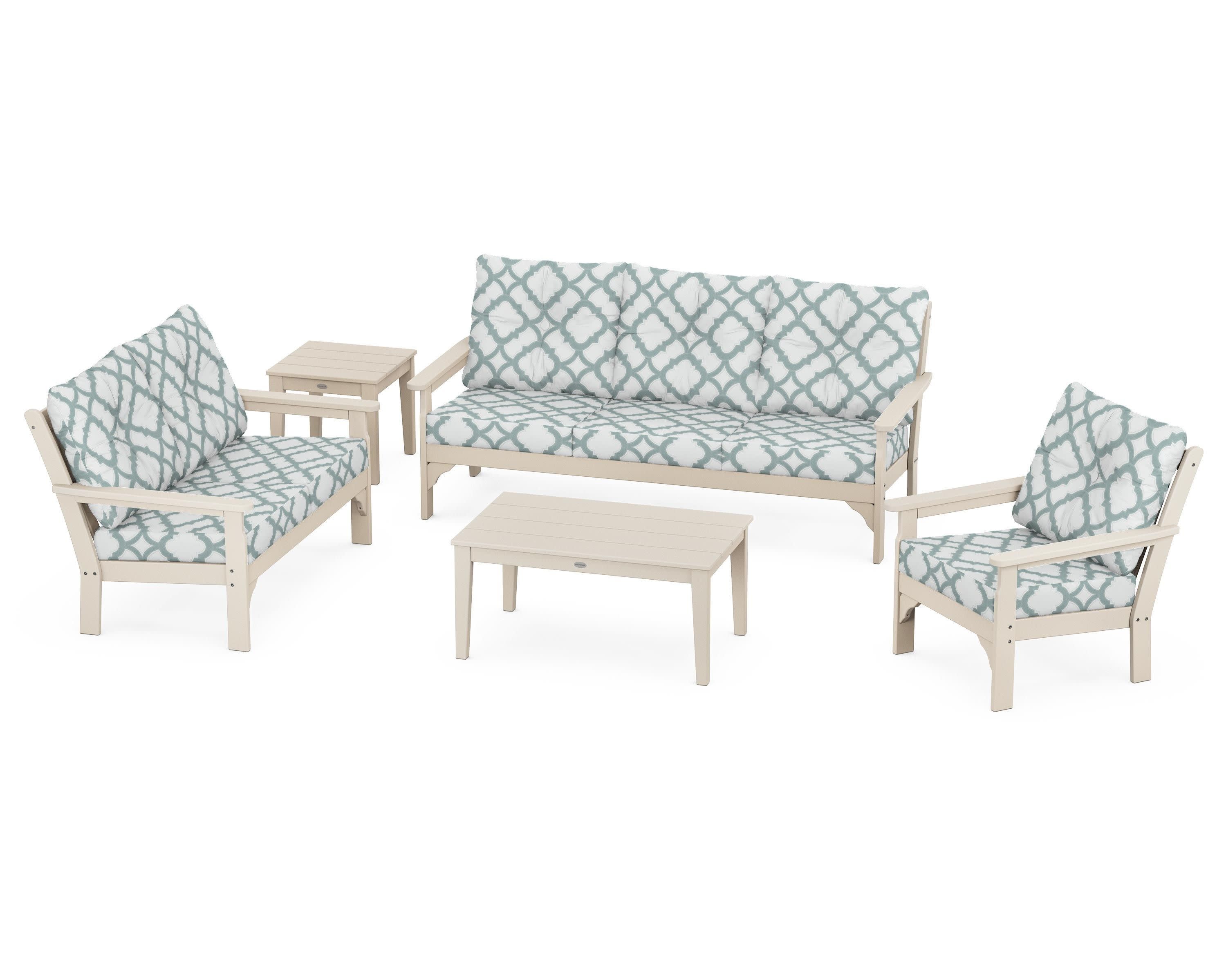 Vineyard 5 Piece Deep Seating Set in Sand / Trellis Glacier Spa