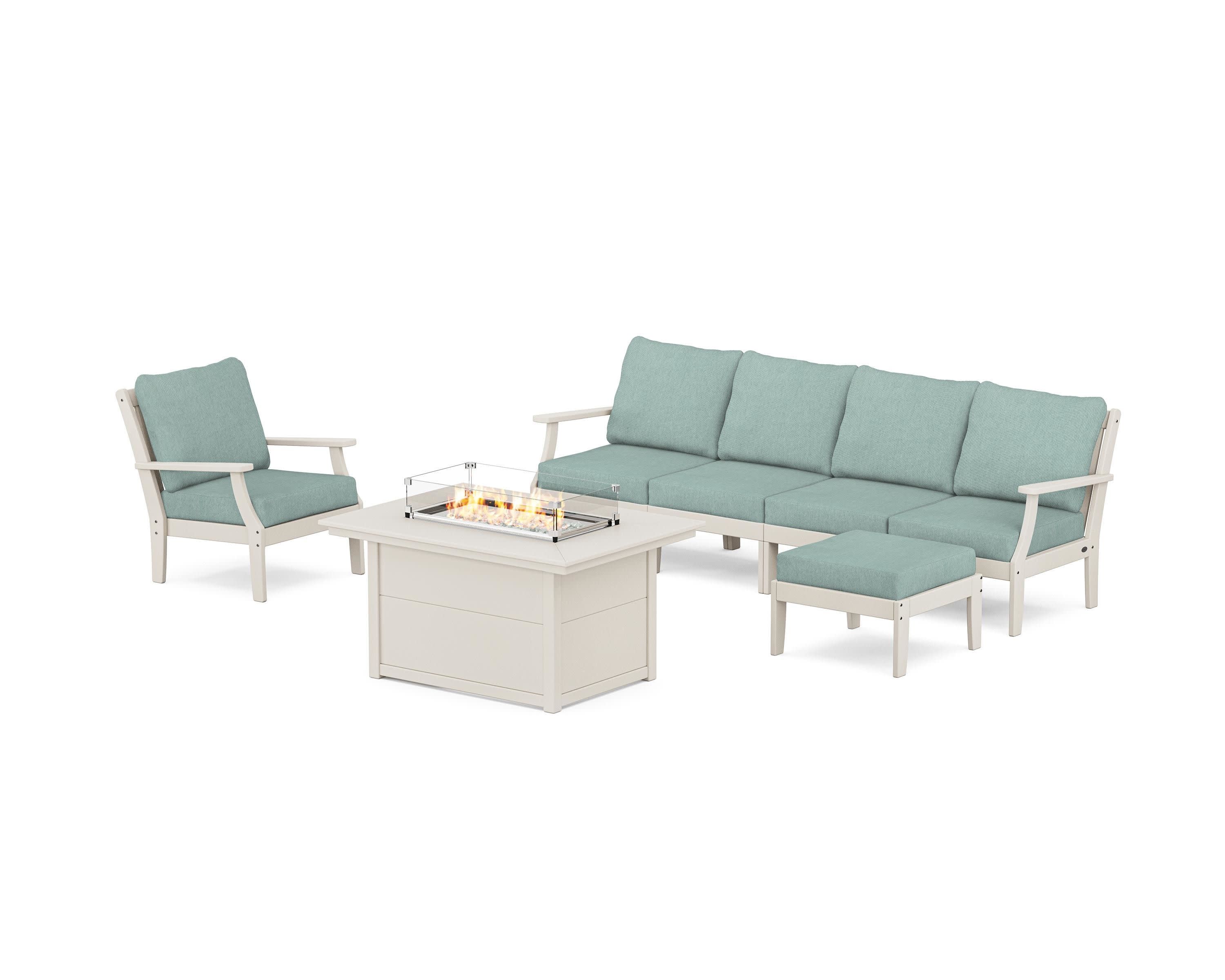Braxton Sectional Lounge and Fire Pit Set in Sand / Glacier Spa