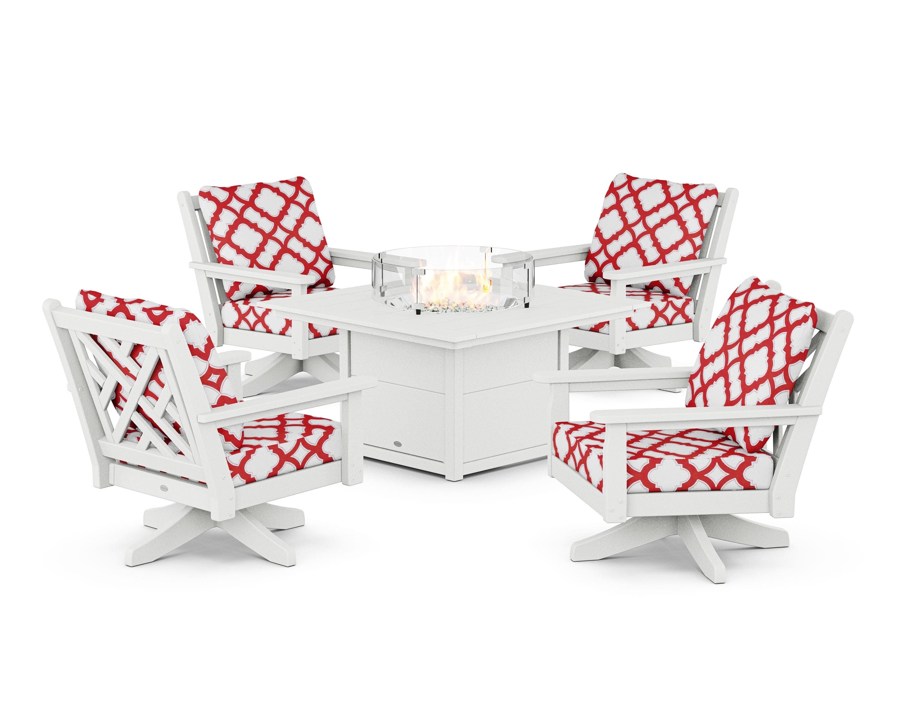 Chippendale 5-Piece Deep Seating Swivel Conversation Set with Fire Pit Table in White / Trellis Crimson