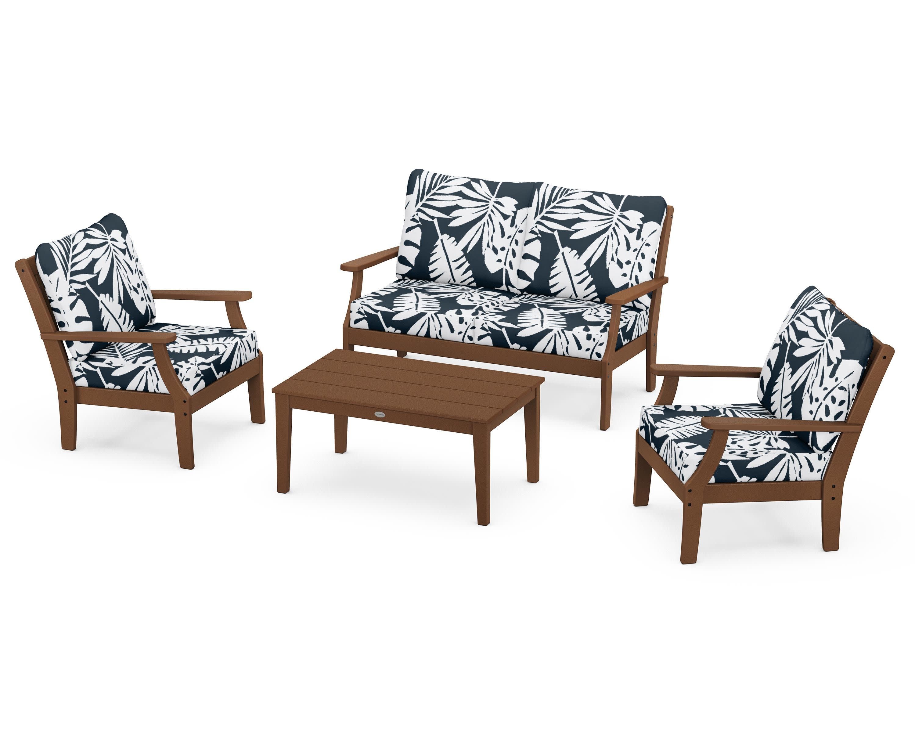 Braxton 4-Piece Deep Seating Chair Set in Teak / Leaf Marine Indigo