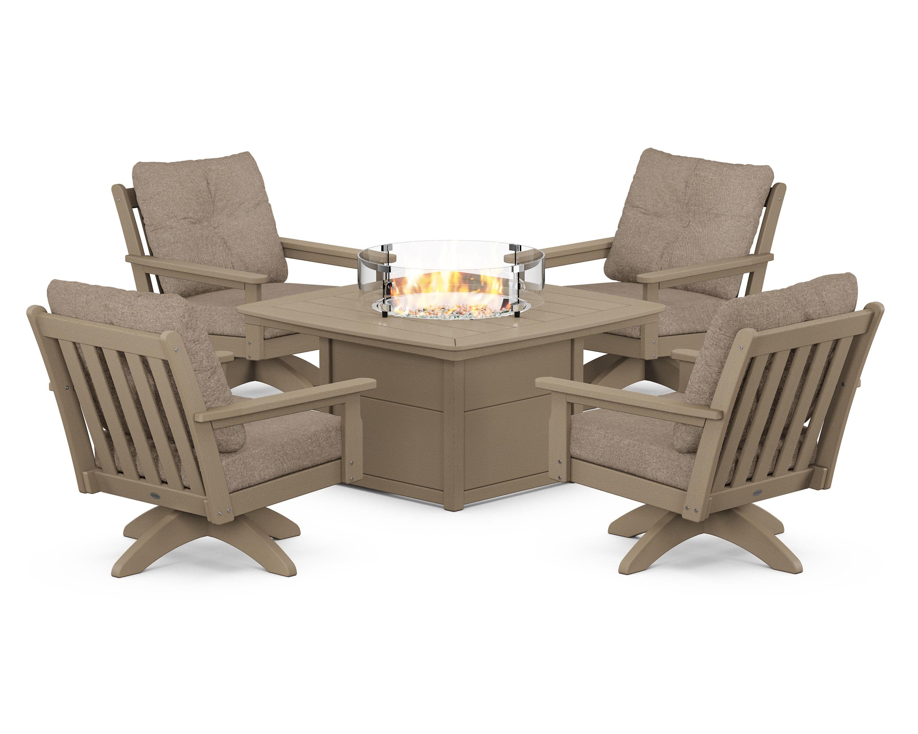 Vineyard 5-Piece Deep Seating Swivel Conversation Set with Fire Pit Table in Vintage Sahara / Spiced Burlap