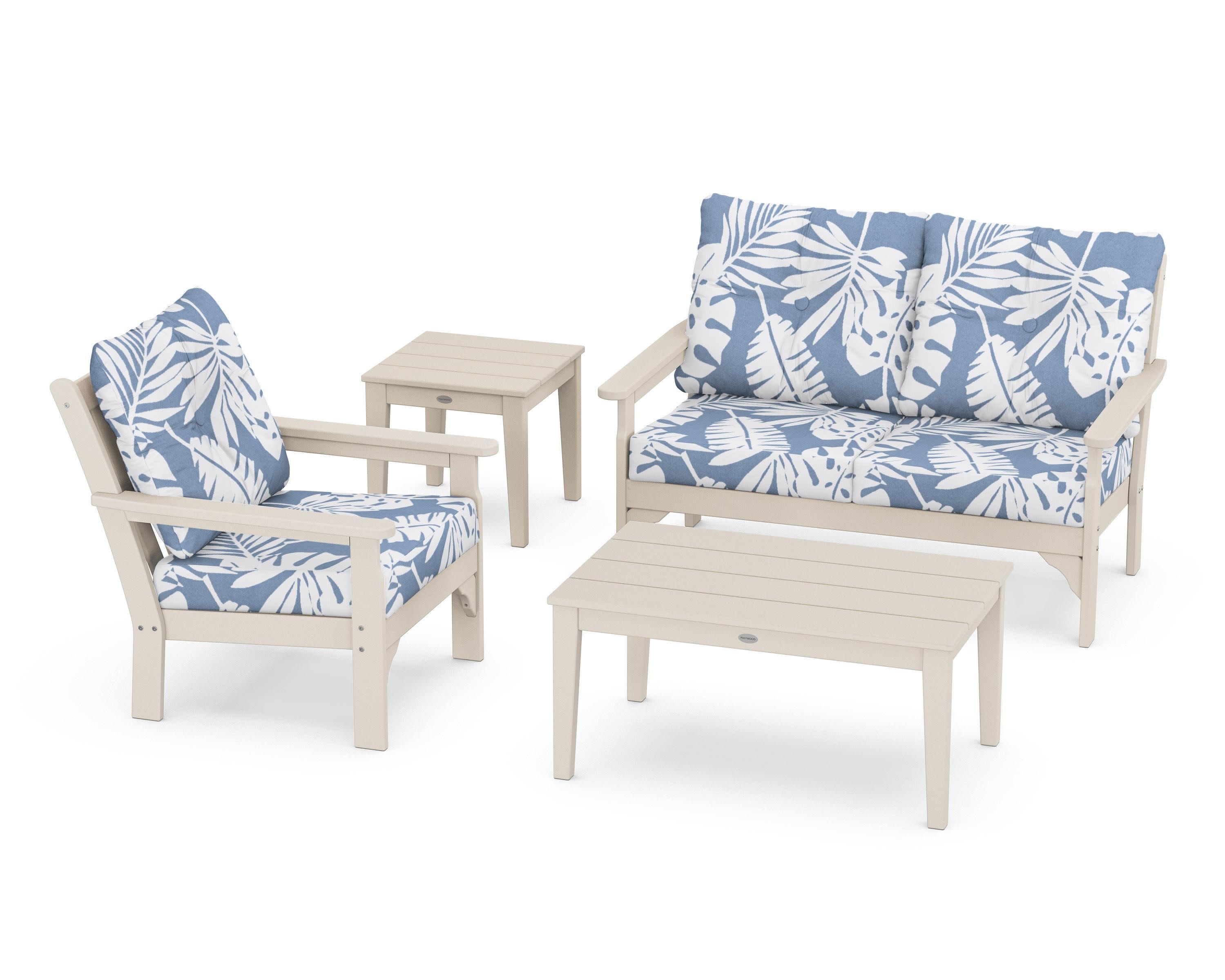 Vineyard 4-Piece Deep Seating Set in Sand / Leaf Sky Blue