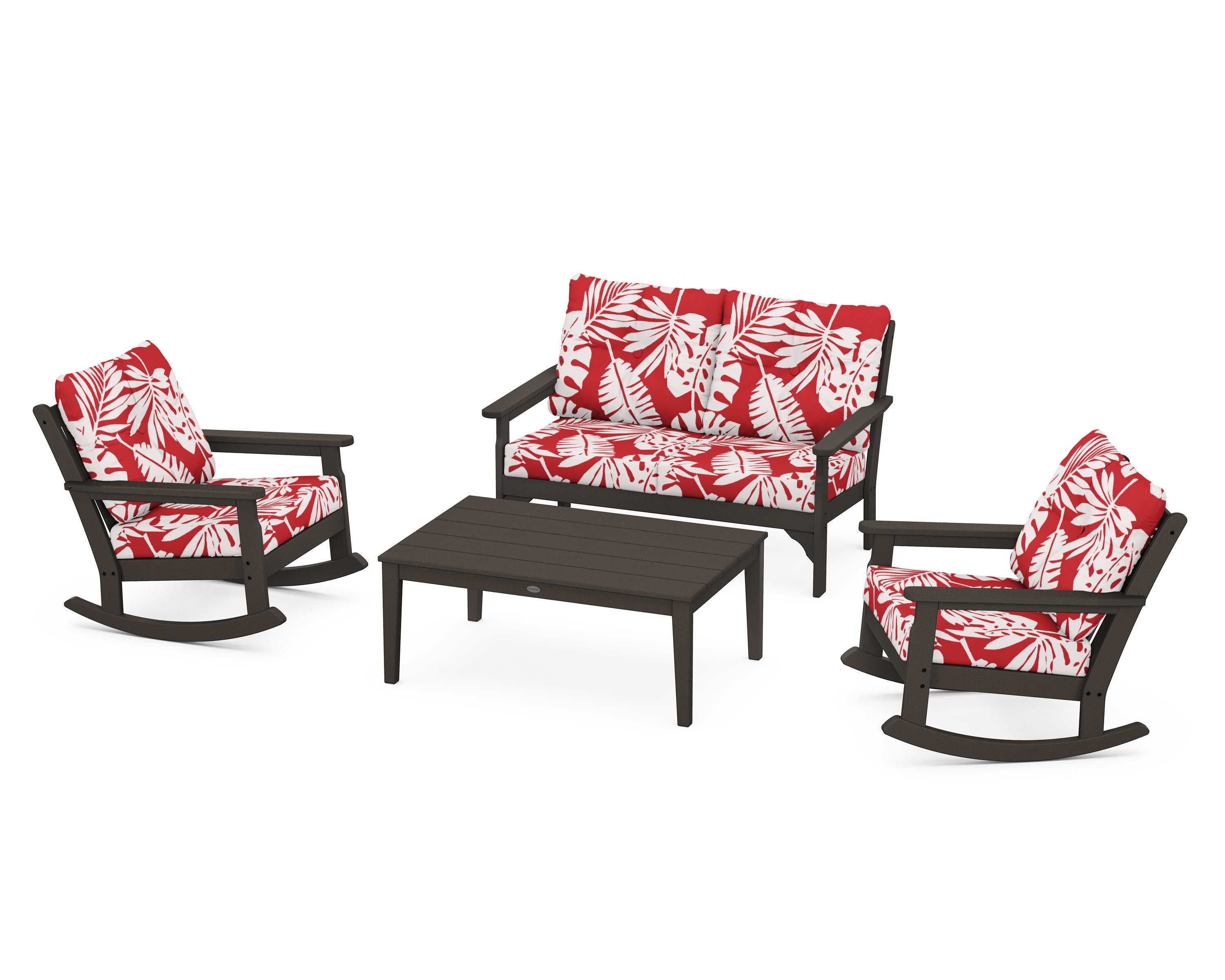 Vineyard 4-Piece Deep Seating Rocking Chair Set in Vintage Coffee / Leaf Crimson