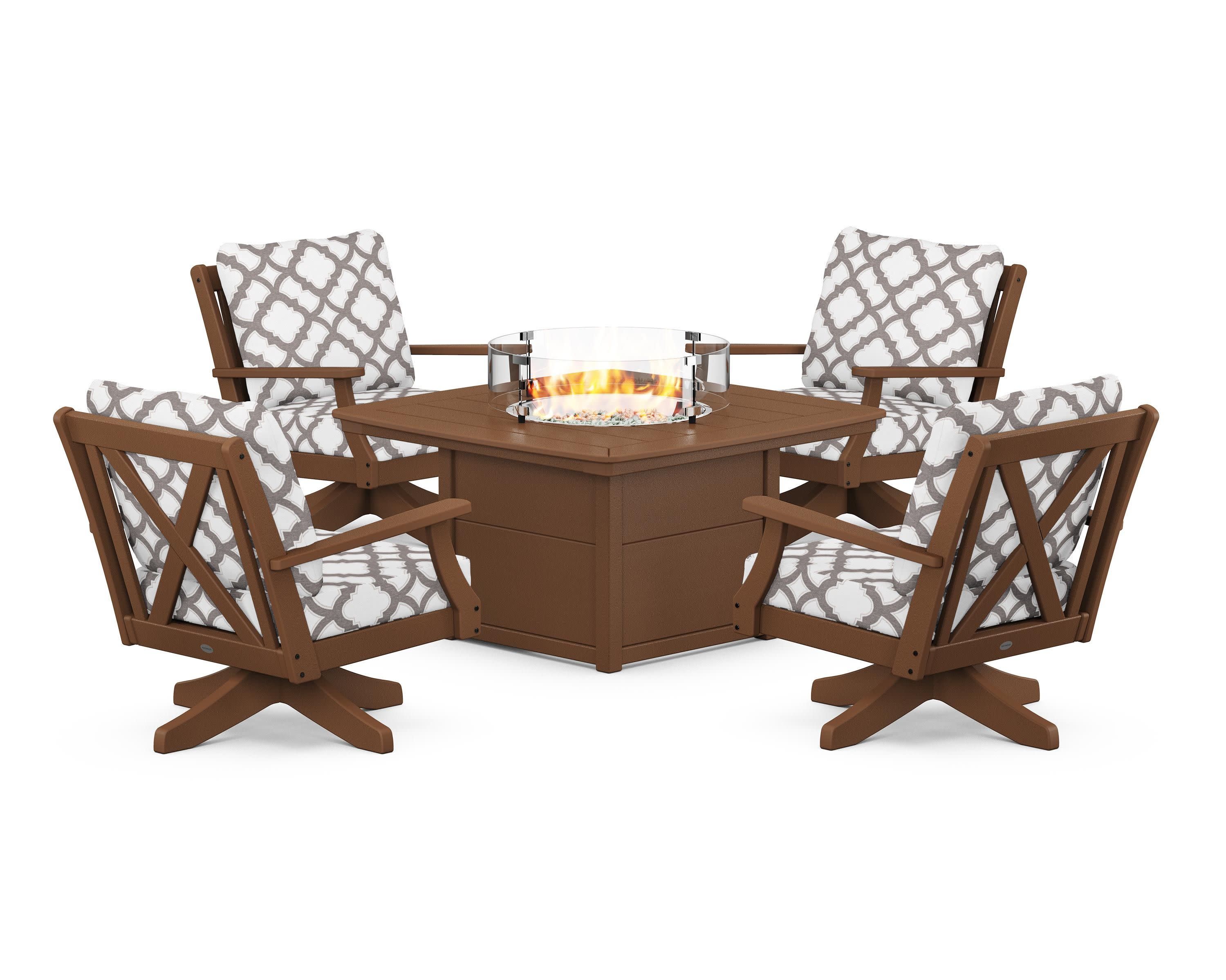 Braxton 5-Piece Deep Seating Swivel Conversation Set with Fire Pit Table in Teak / Trellis Grey Mist