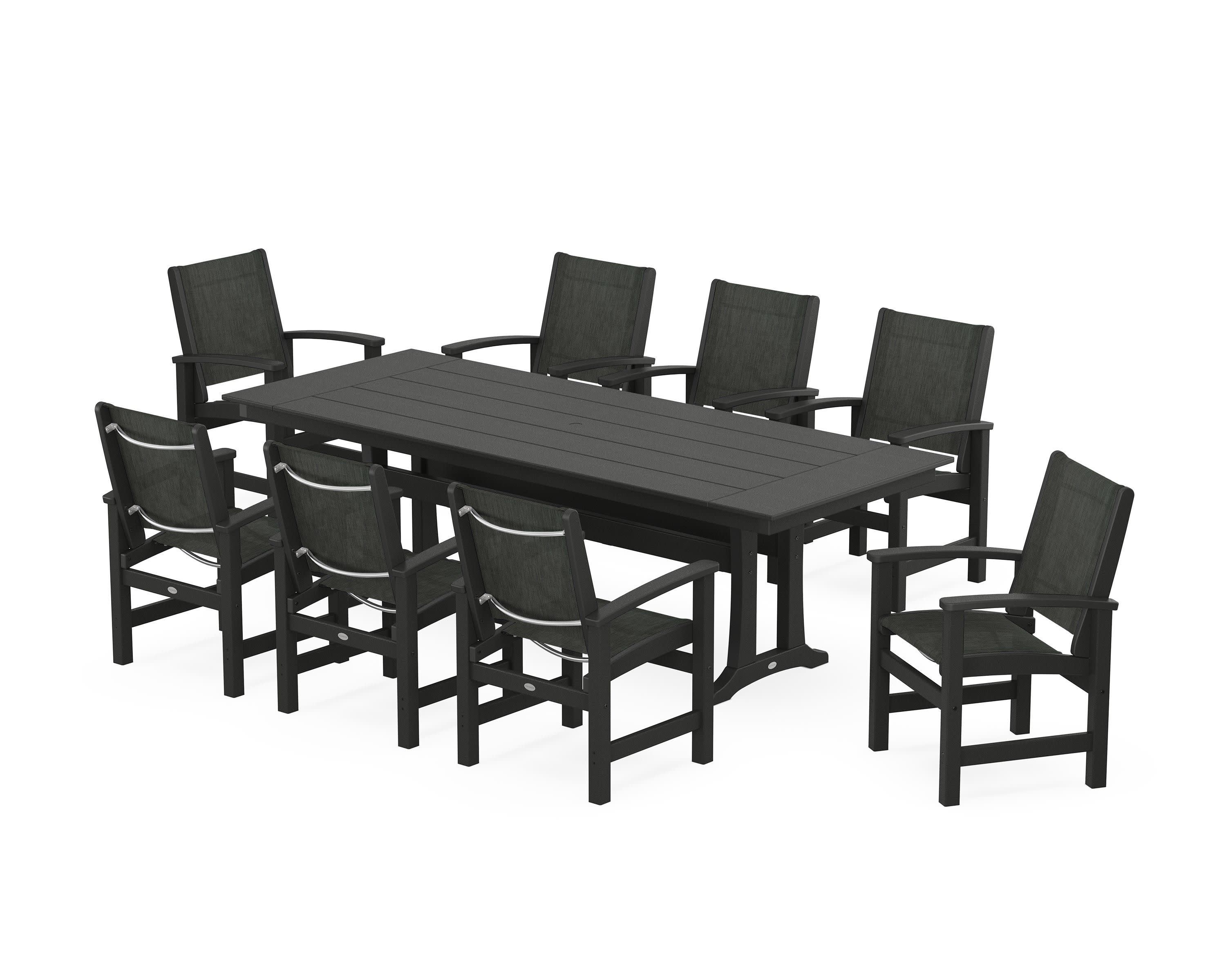 Coastal 9-Piece Farmhouse Dining Set with Trestle Legs in Black / Ember Sling