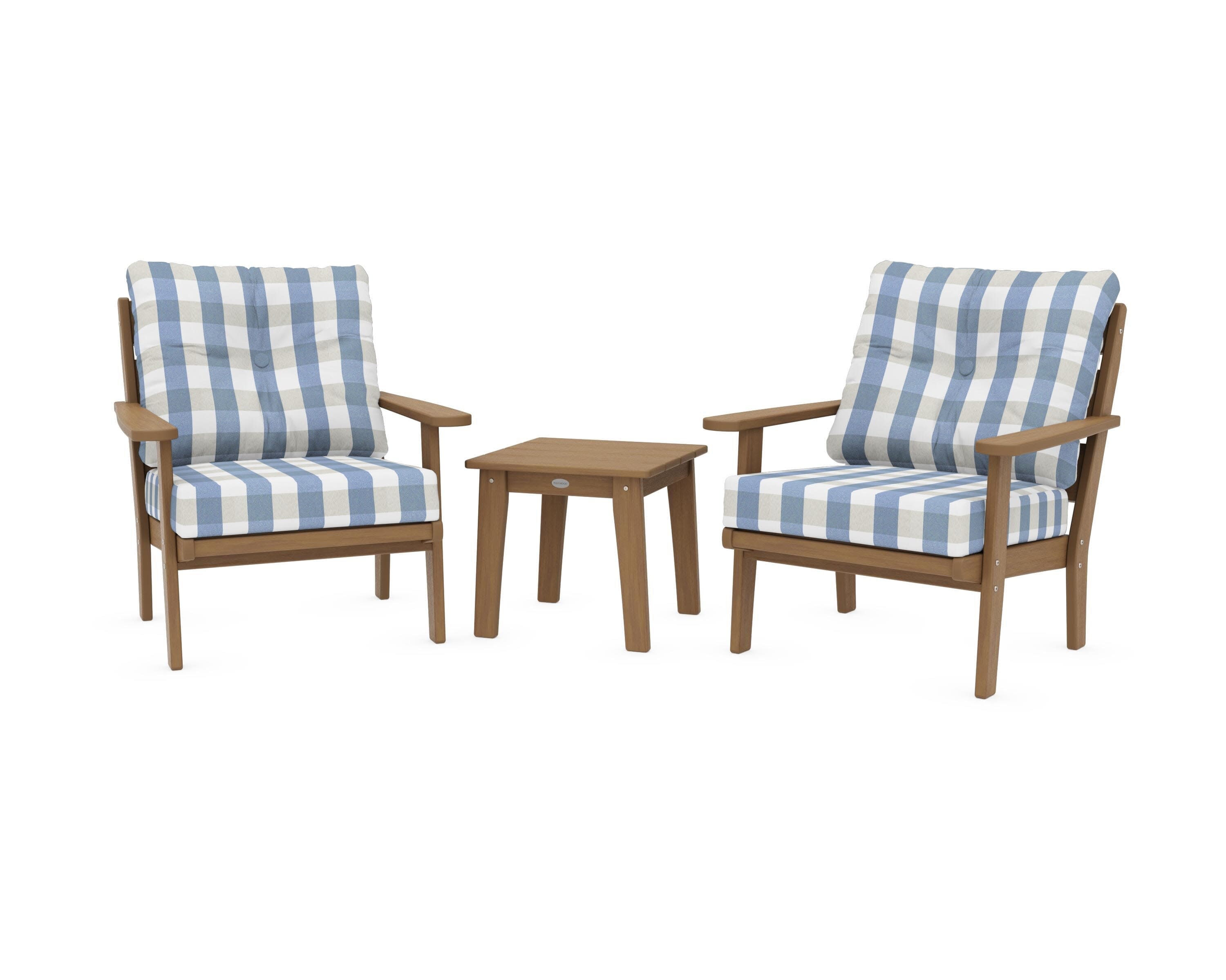 Lakeside 3-Piece Deep Seating Chair Set in Natural / Buffalo Plaid Sky Blue