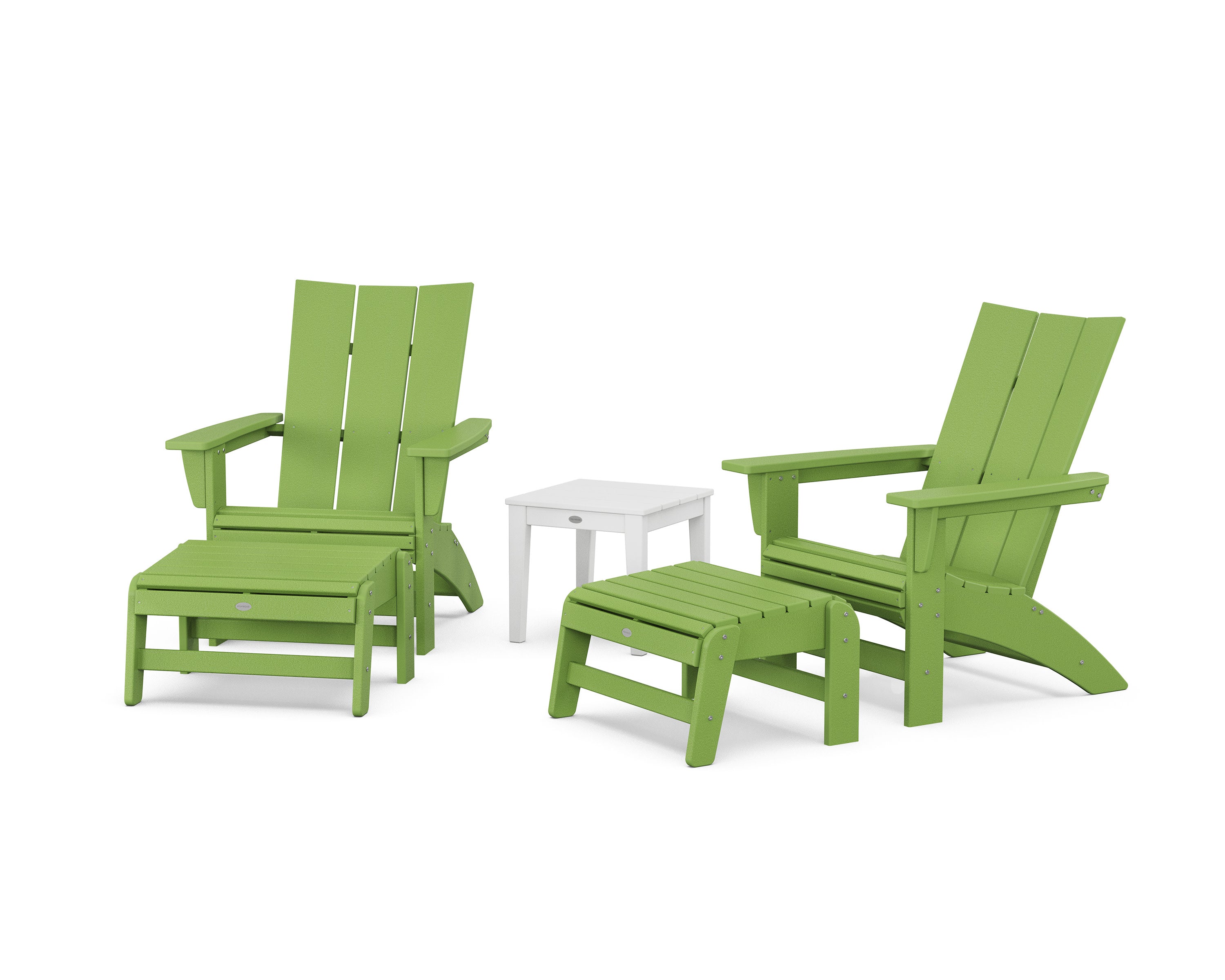 5-Piece Modern Grand Adirondack Set with Ottomans and Side Table in Lime / White