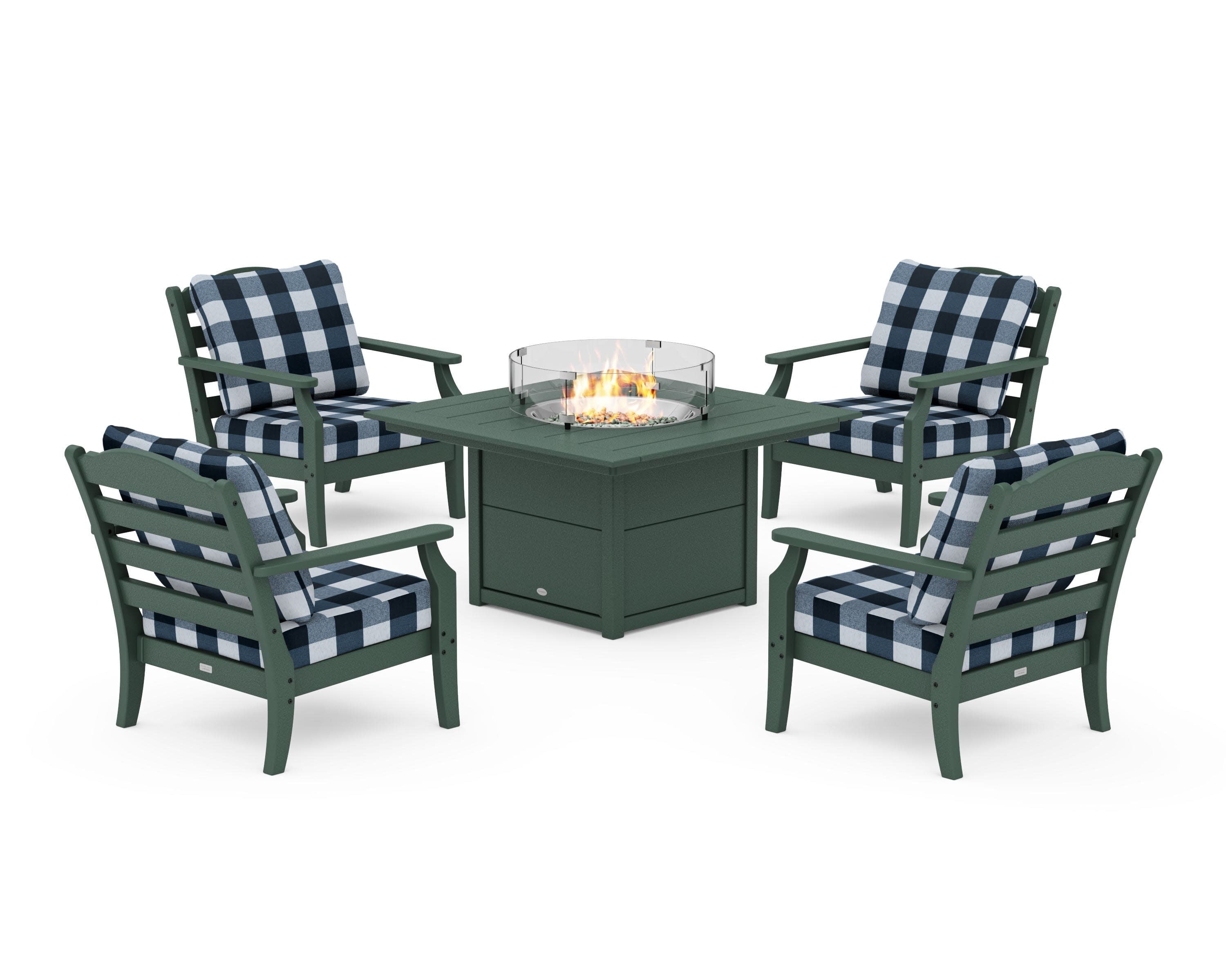 Savannah 5-Piece Deep Seating Set with Fire Pit Table in Green / Buffalo Plaid Marine Indigo
