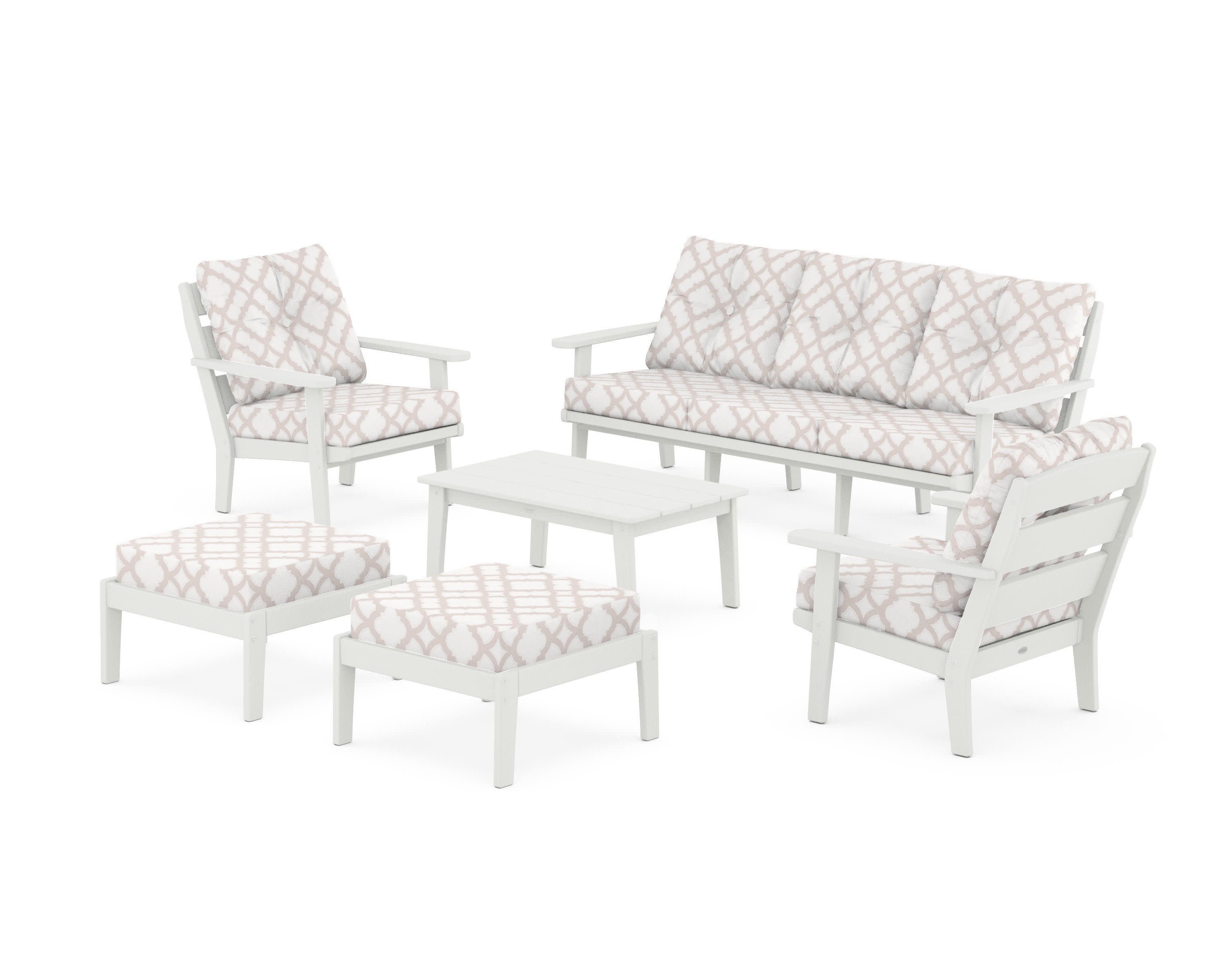 Lakeside 6-Piece Lounge Sofa Set in Vintage White / Trellis Dune Burlap