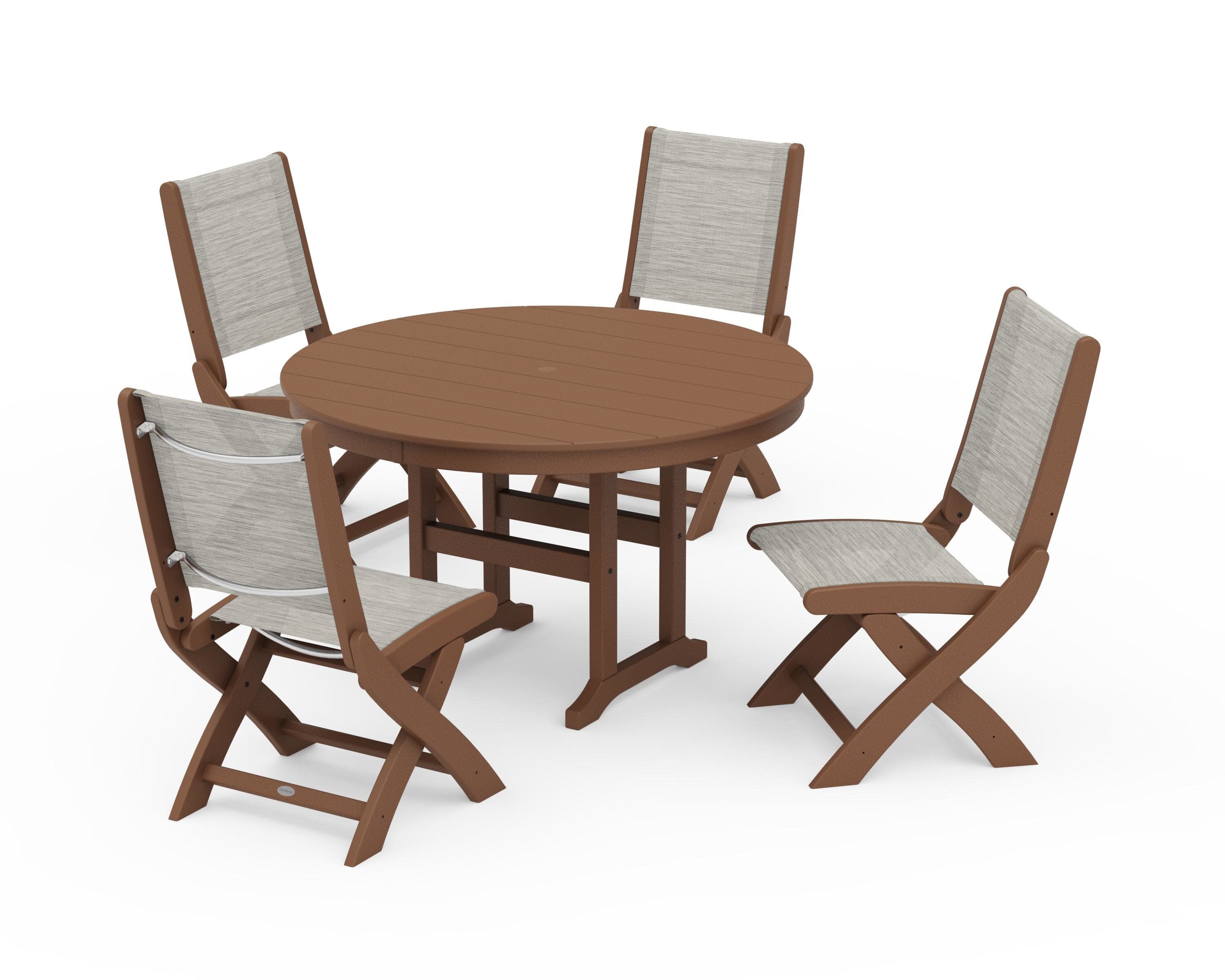 Coastal Folding Side Chair 5-Piece Round Dining Set in Teak / Birch Sling