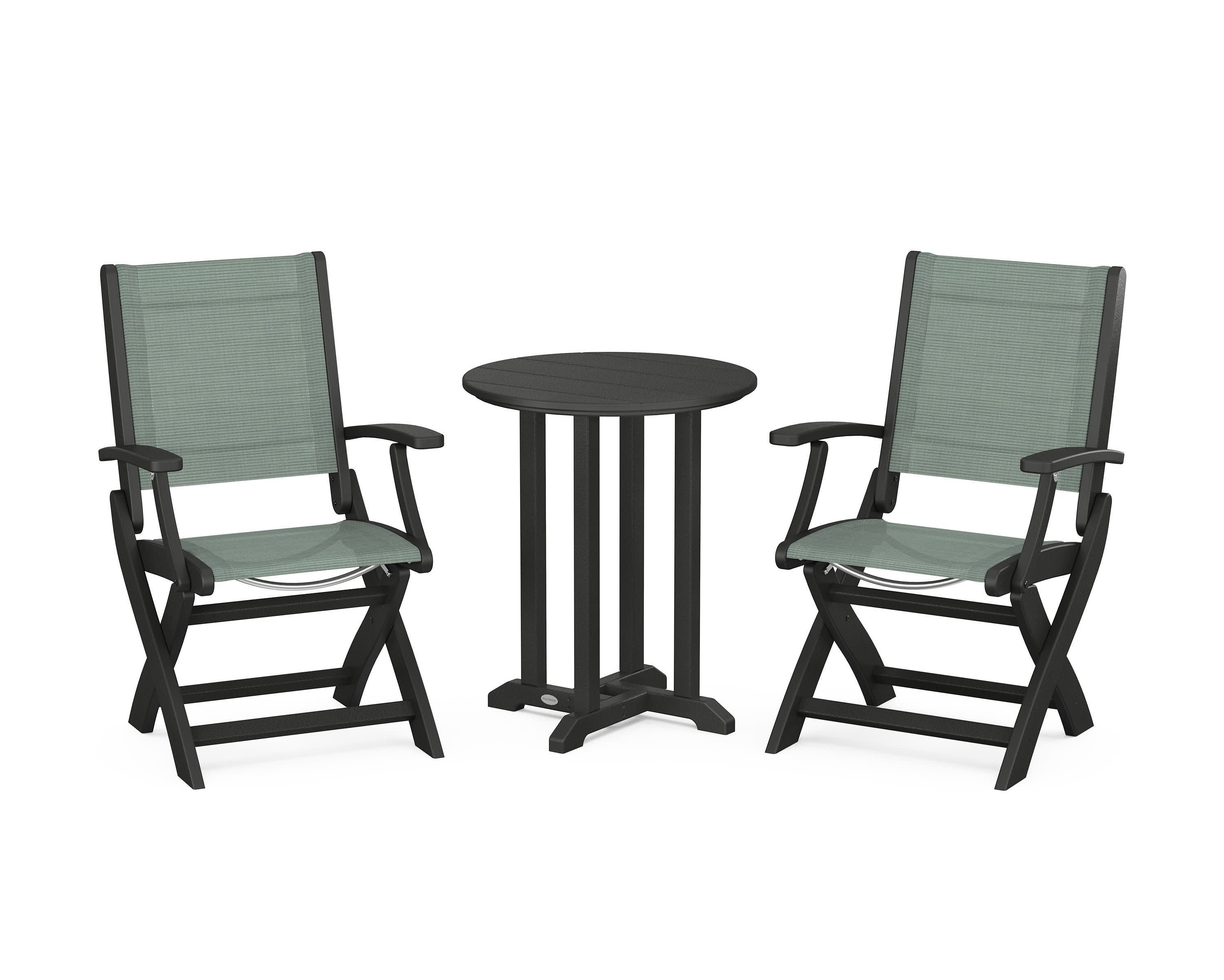 Coastal Folding 3-Piece Round Bistro Dining Set in Black / Dupioni Sea Mist Sling
