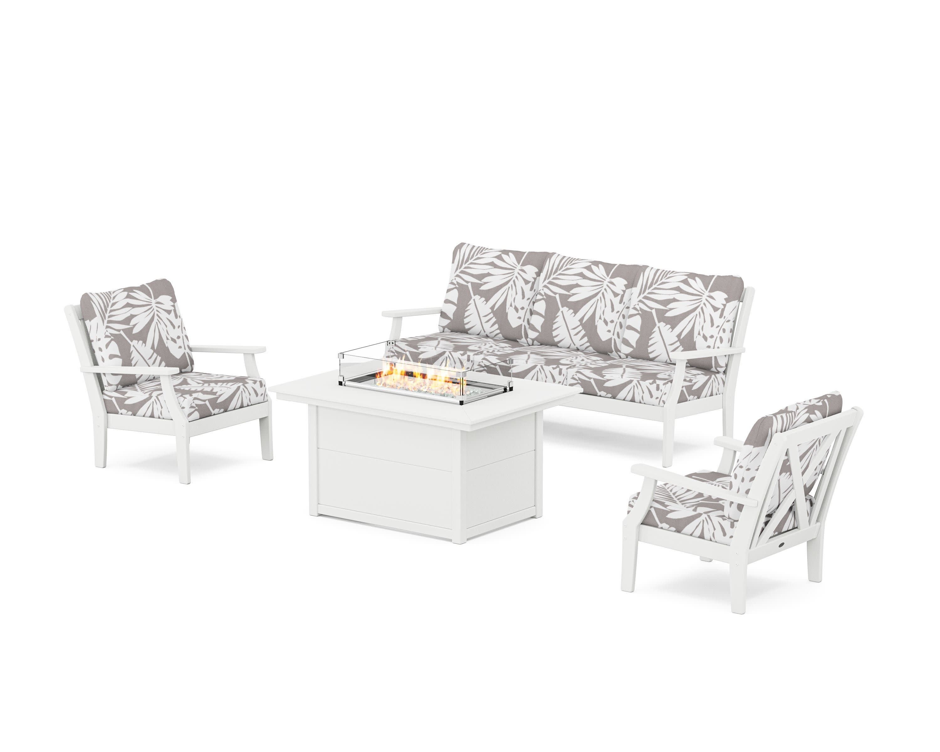 Braxton Deep Seating Fire Pit Table Set in White / Leaf Grey Mist