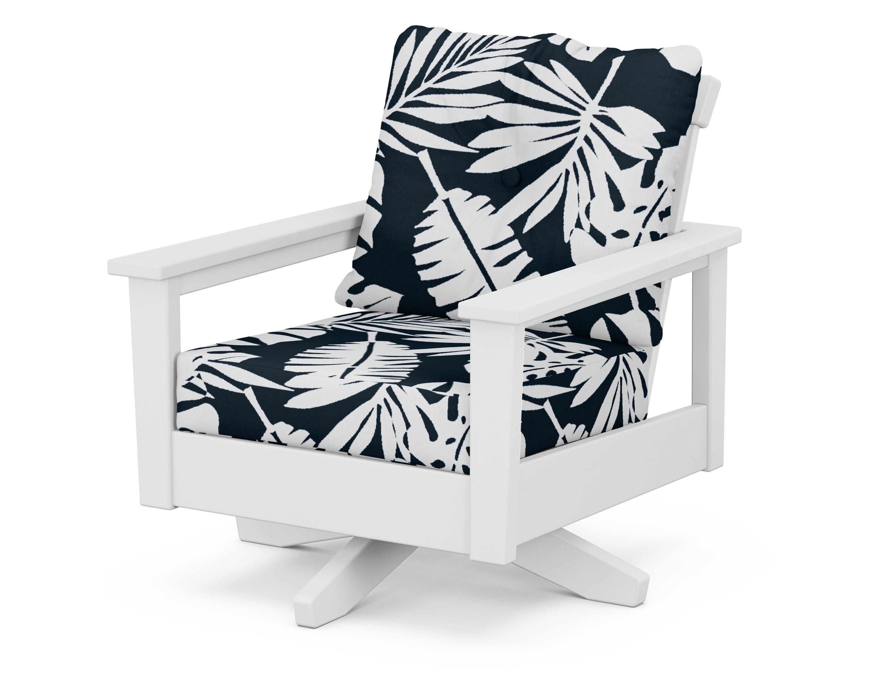 Prescott Deep Seating Swivel Chair in White / Leaf Marine Indigo