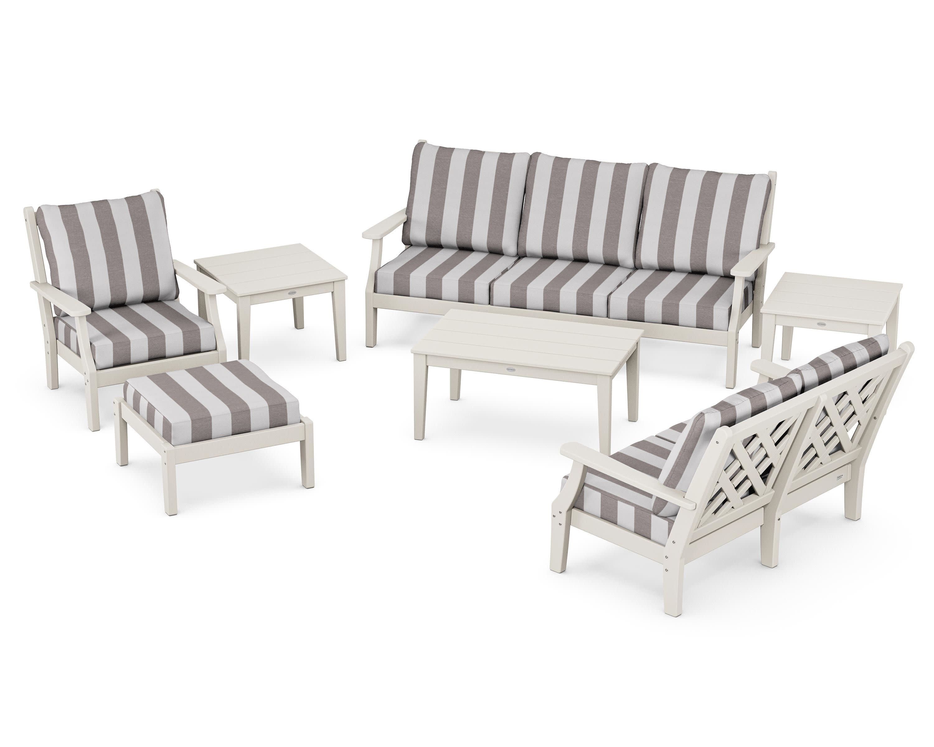 Wovendale 7-Piece Deep Seating Set in Sand / Cabana Stripe Grey Mist