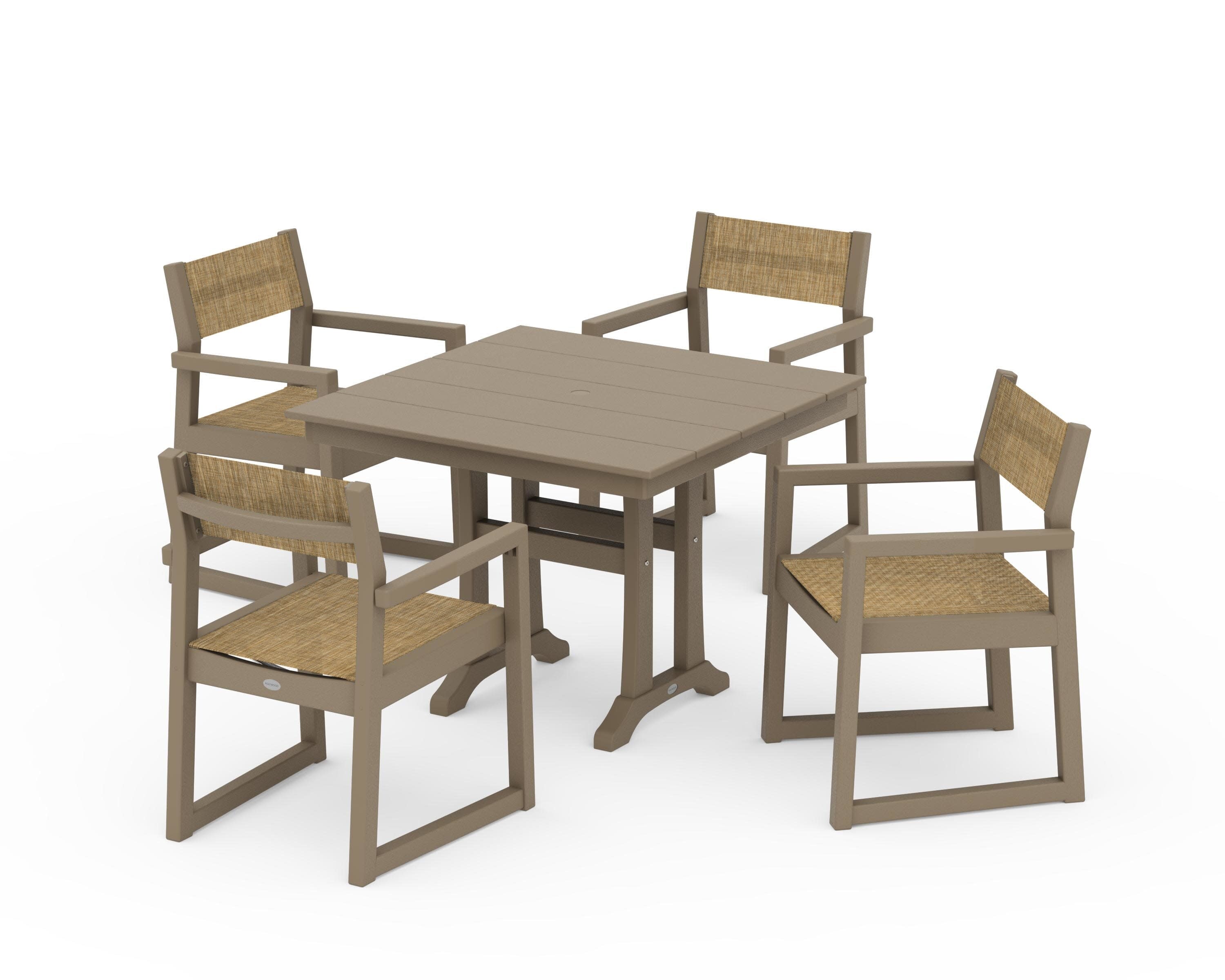 EDGE Sling 5-Piece Farmhouse Dining Set with Trestle Legs in Vintage Sahara / Burlap Sling