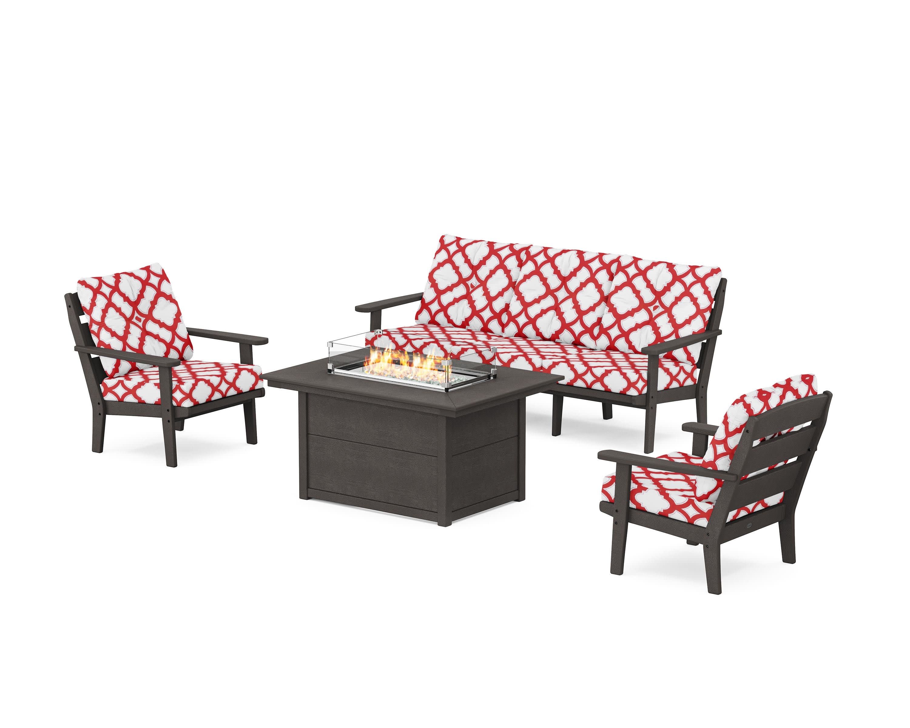 Lakeside Deep Seating Fire Pit Table Set in Vintage Coffee / Trellis Crimson