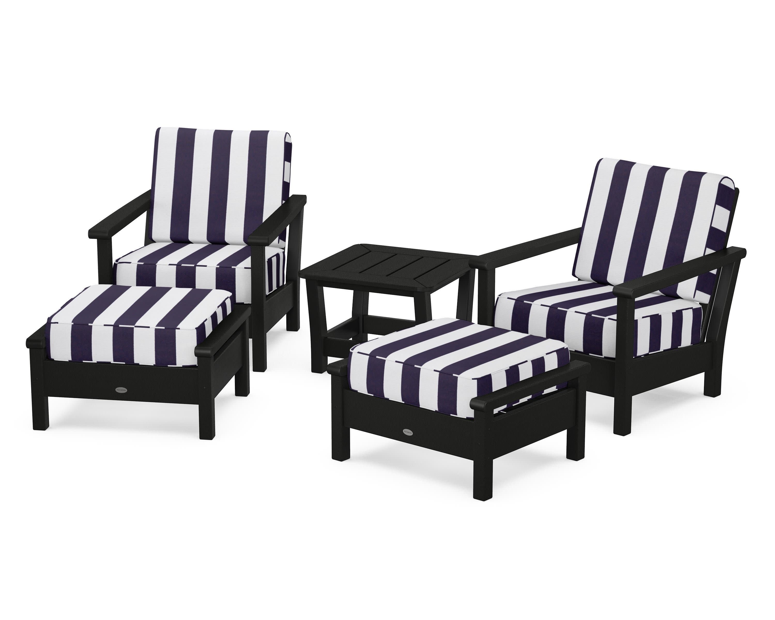 Harbour 5-Piece Deep Seating Chair Set in Black / Cabana Stripe Navy