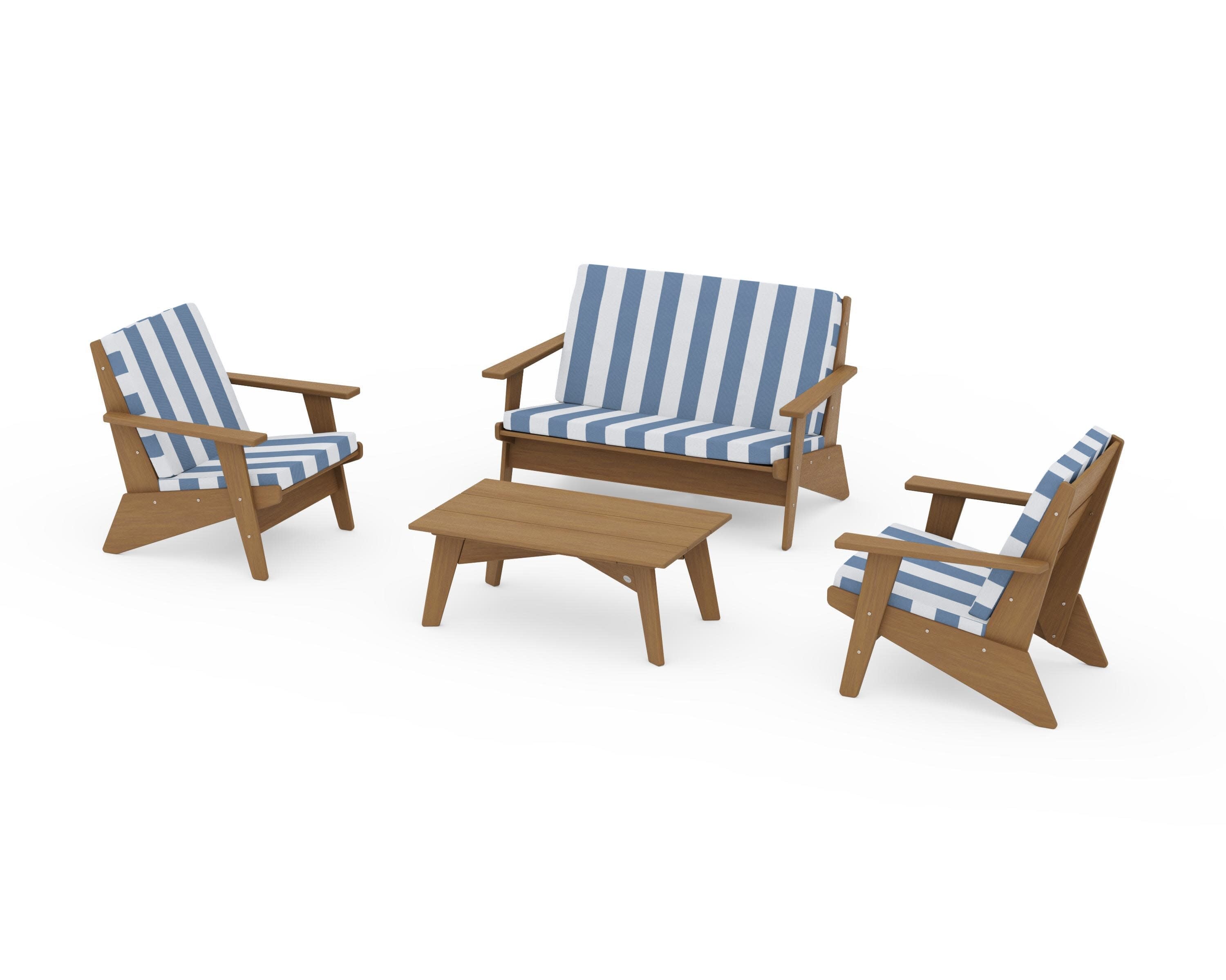 Riviera Modern Lounge 4-Piece Set in Natural / Cabana Stripe Sky Blue