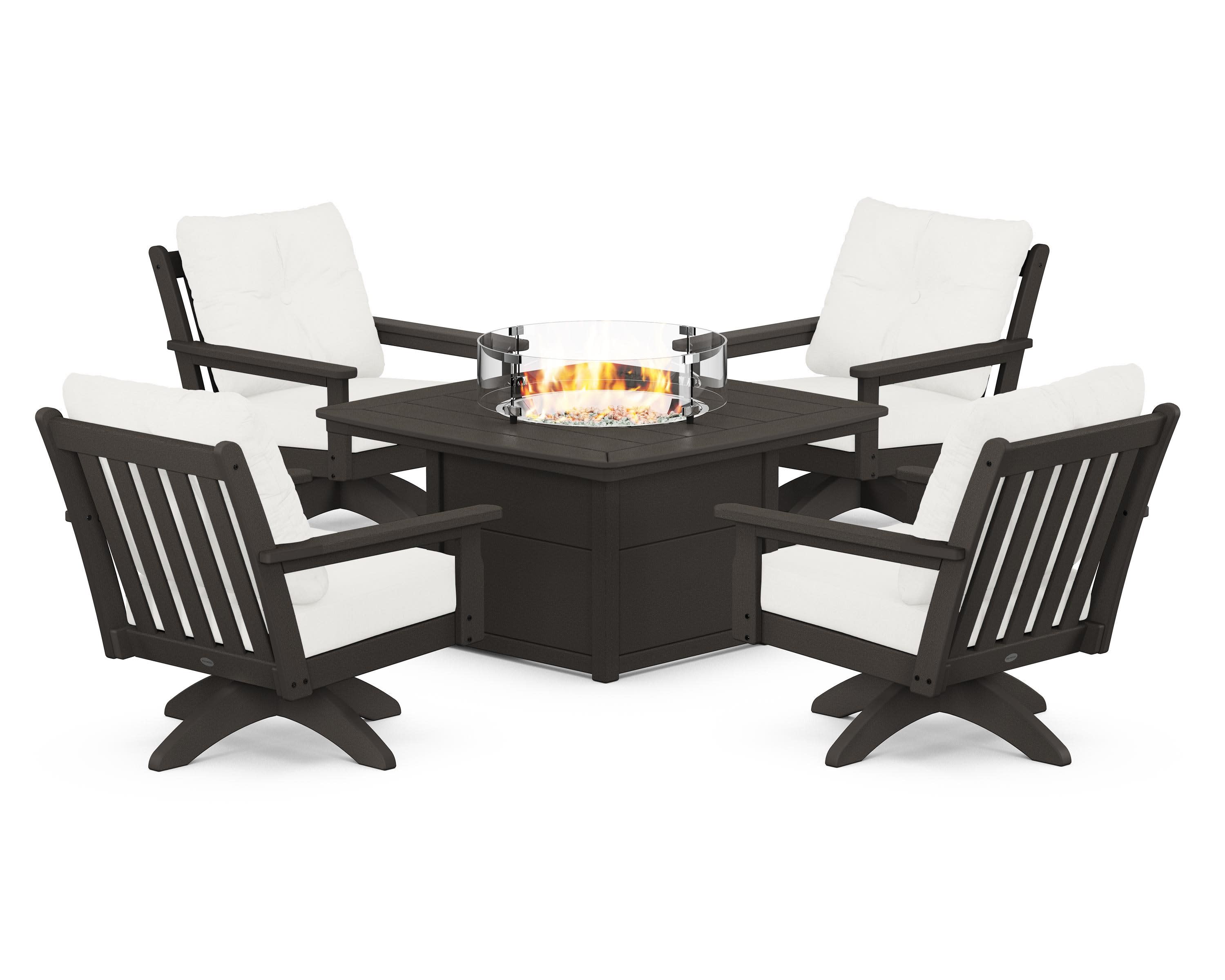 Vineyard 5-Piece Deep Seating Swivel Conversation Set with Fire Pit Table in Vintage Coffee / Natural Linen