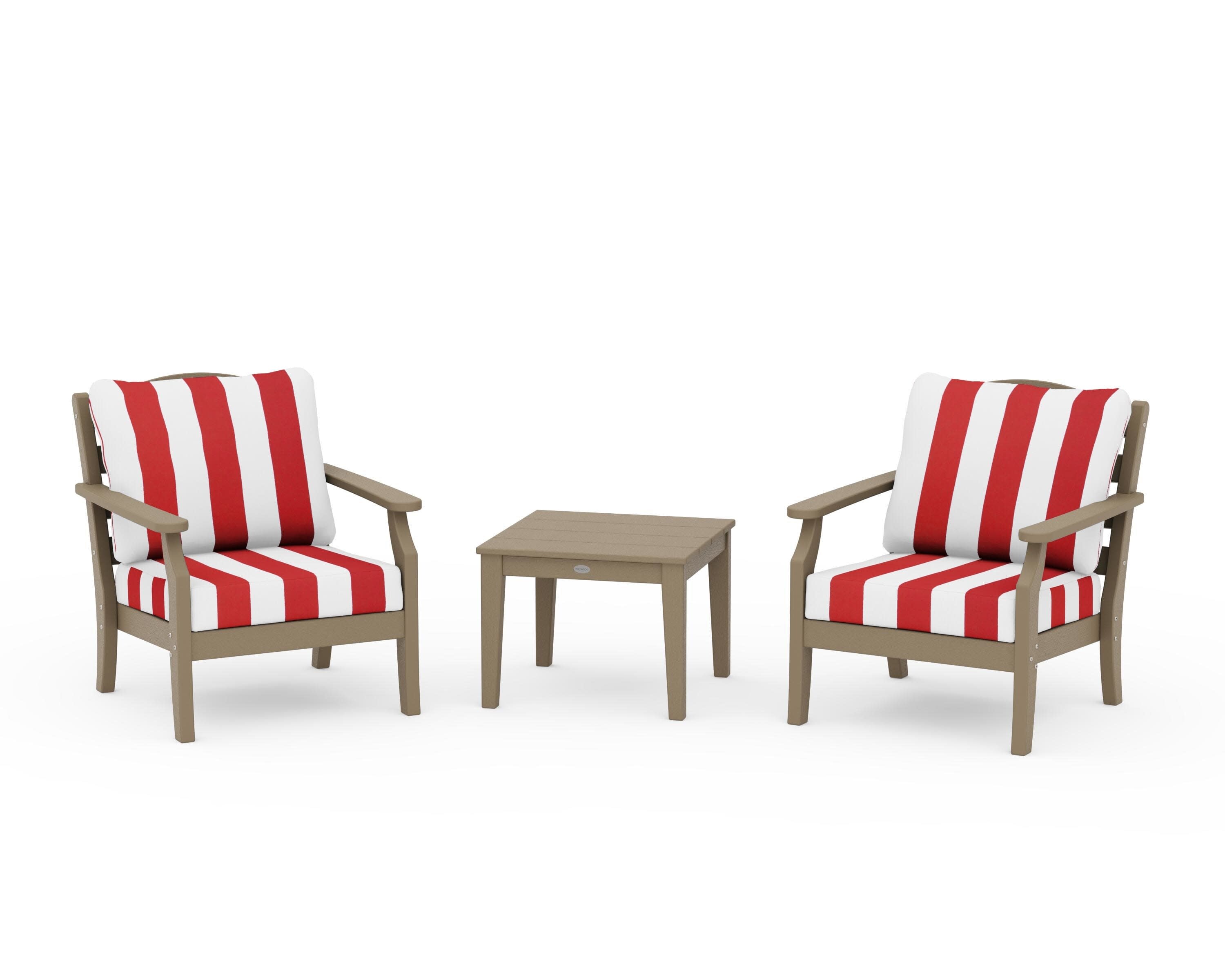 Savannah 3-Piece Deep Seating Set in Vintage Sahara / Cabana Stripe Crimson