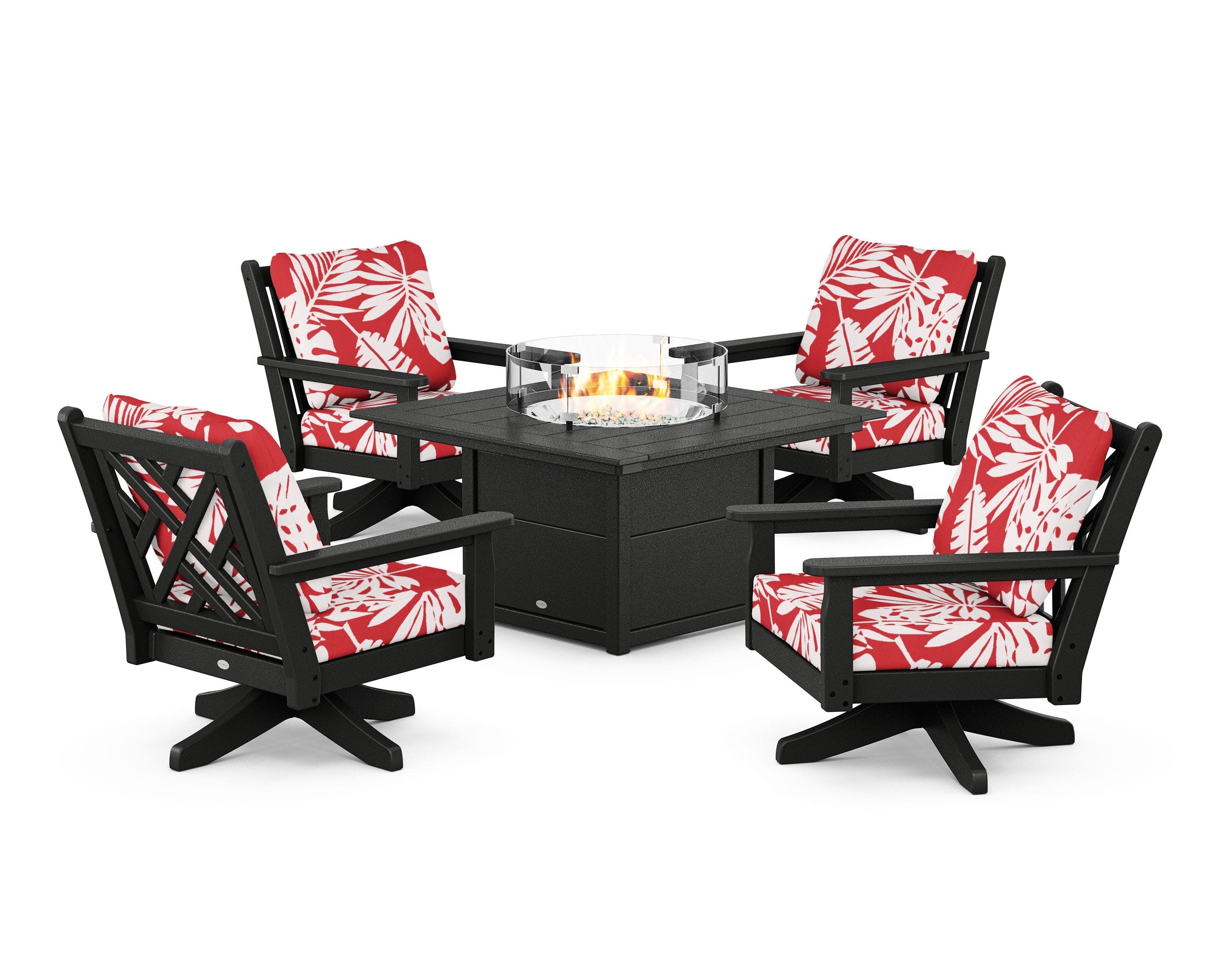 Chippendale 5-Piece Deep Seating Swivel Conversation Set with Fire Pit Table in Black / Leaf Crimson