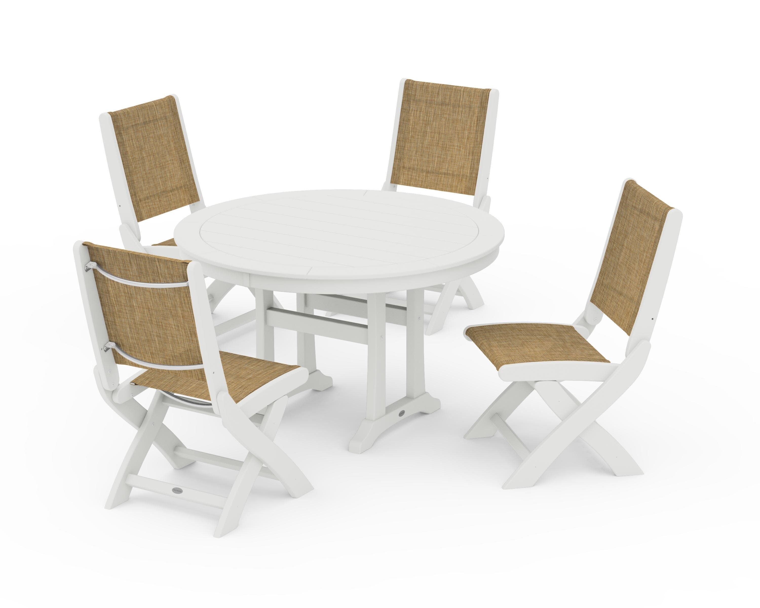 Coastal Folding Side Chair 5-Piece Round Dining Set With Trestle Legs in Vintage White / Burlap Sling